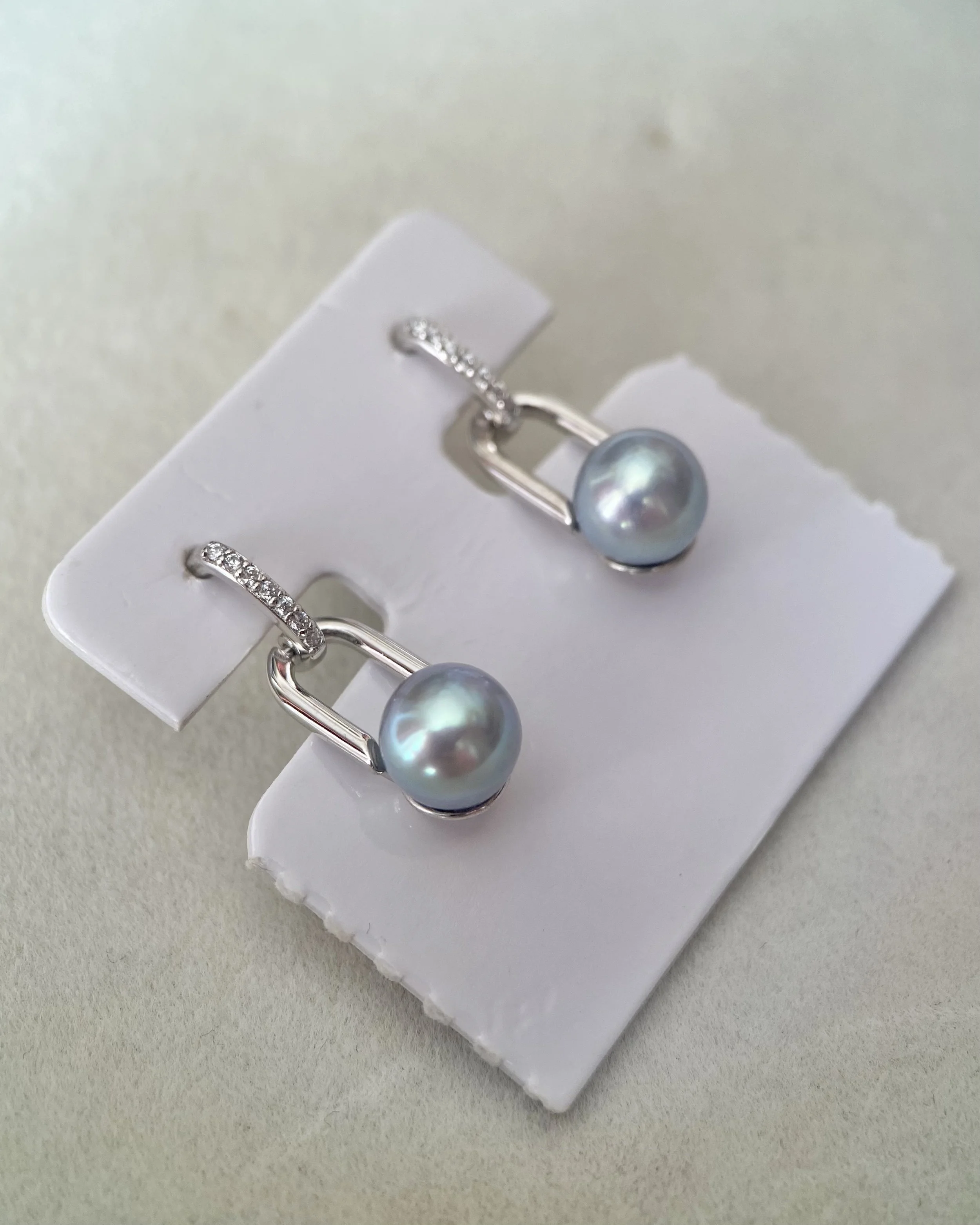 Natural Icy Blue Japanese Madama Akoya Pearl Link Drop Earrings 7.2–7.3mm, Pavé CZ Two-Part S925 Silver, Japan Jewellery Show Piece Starlit Pearls