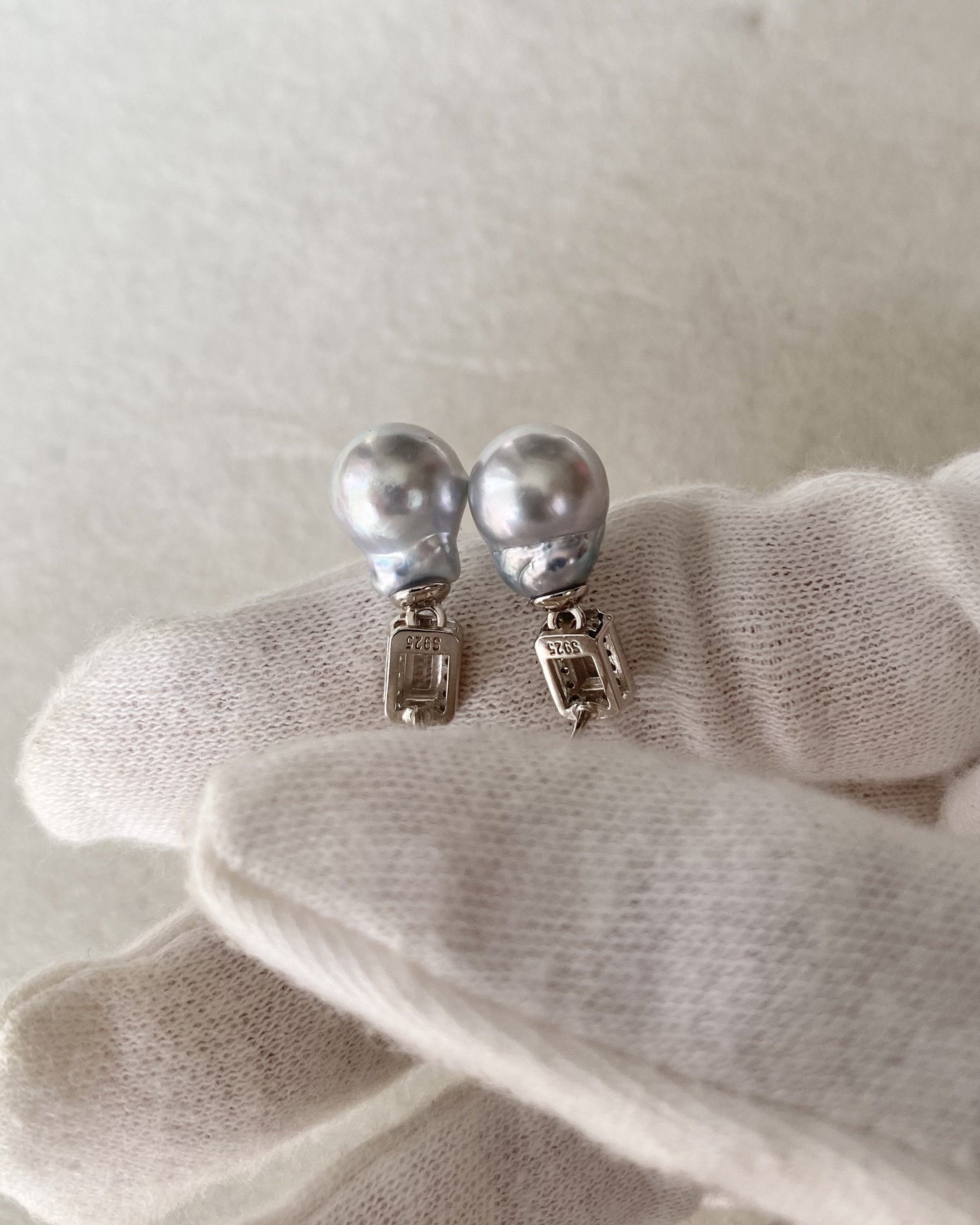 Rare Silver Australian South Sea Baroque Pearl Drop Earrings 11mm, Cool Icy Silver Lustre, S925 Silver Baguette CZ Design, Show Piece Starlit Pearls