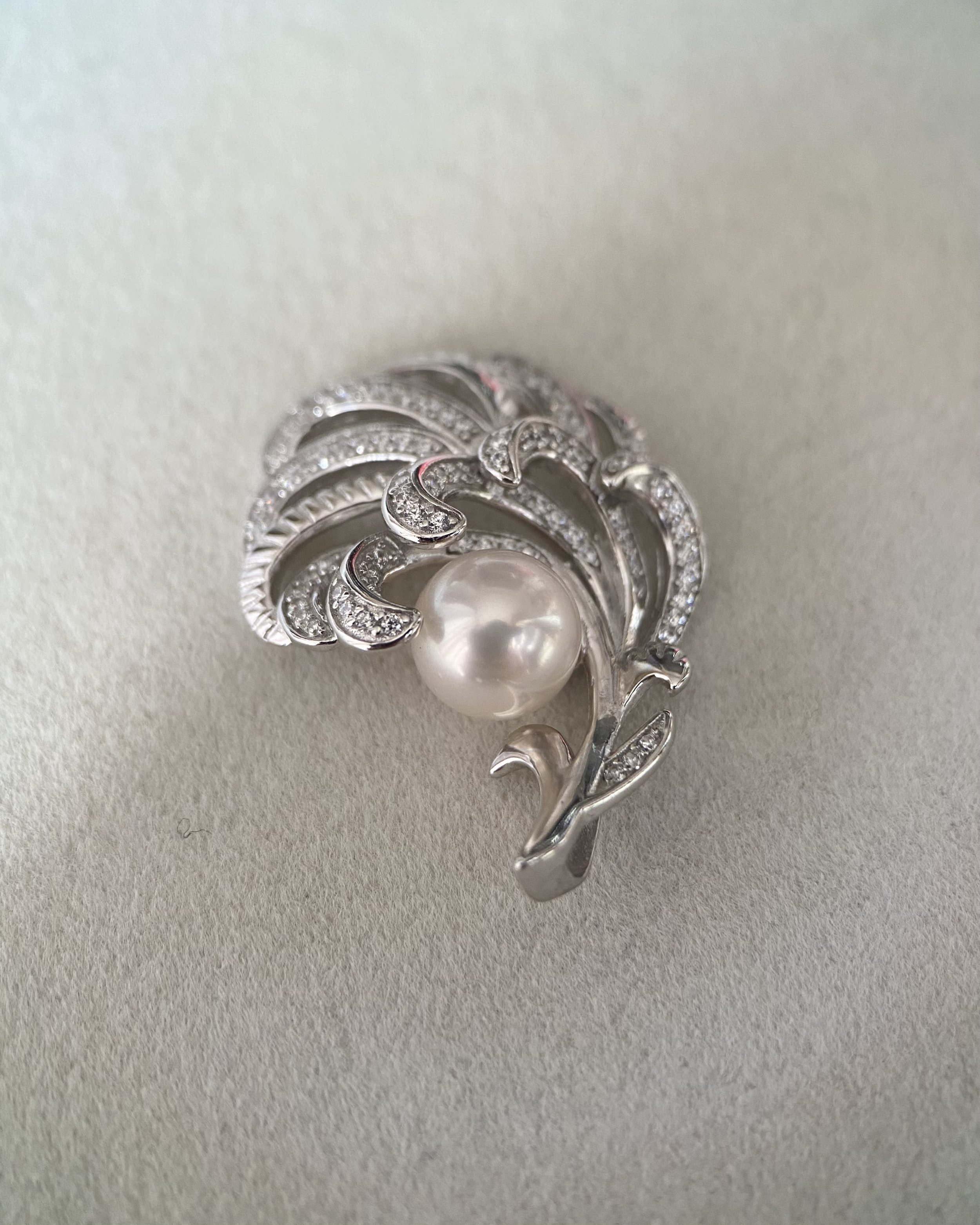 Top Quality Crystal White Japanese Akoya Pearl Pendant 8mm, Sculptural Layered Feather S925 Silver & CZ Design, Exhibition Piece Starlit Pearls