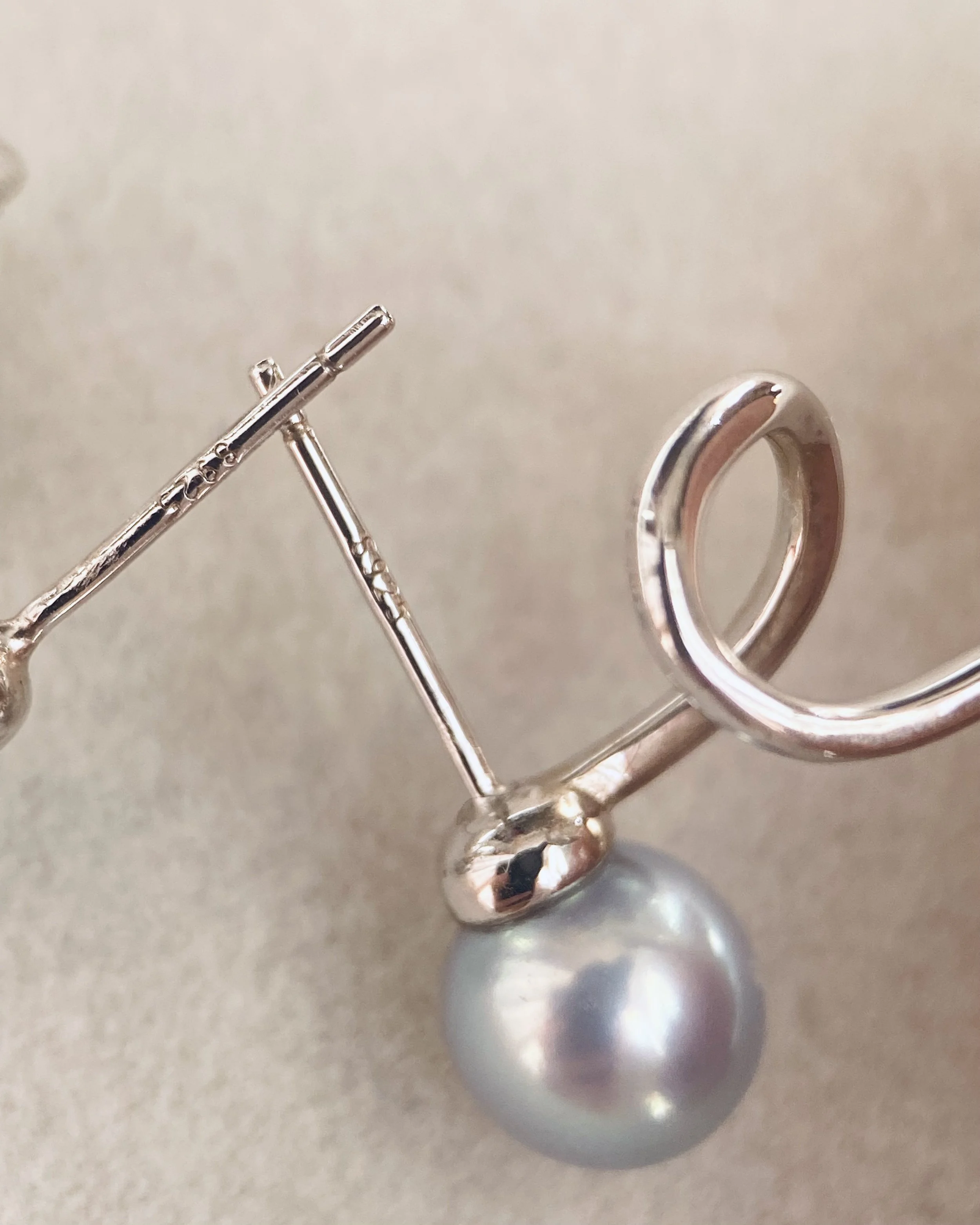 Natural Silver-Grey Blue Japanese Madama Akoya Pearl Earrings 7.1mm, Mirror Lustre, Sculptural Ribbon Wave S925 Design, Show Piece Starlit Pearls