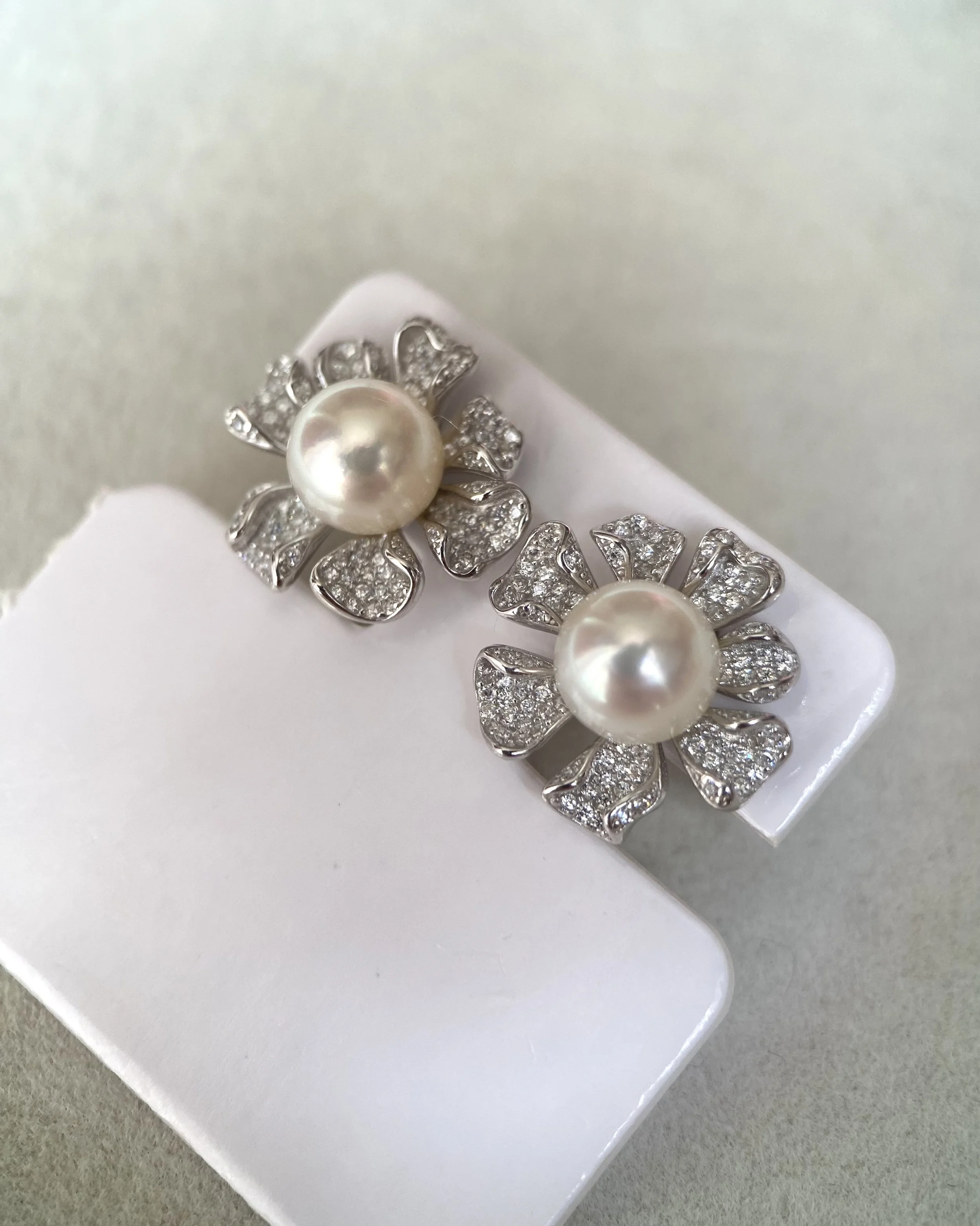 Japanese Crystal White Akoya Pearl Flower Stud Earrings 7-7.5mm, Soft Pink Overtone, Sculptural CZ Petals, S925 Silver, Show Piece