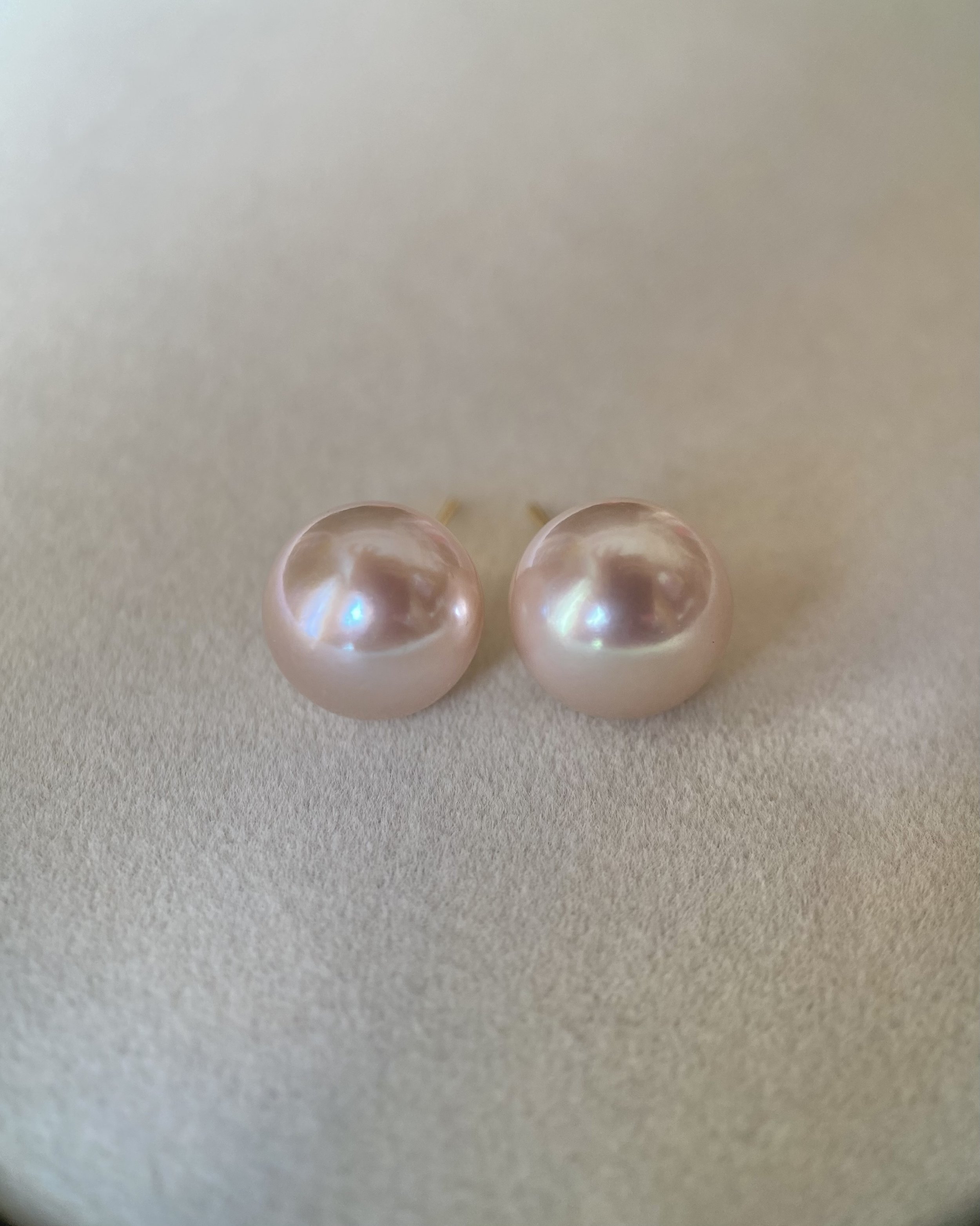 18K Gold Posts_Rare Japanese Rose Pink Freshwater Pearl Stud Earrings 11.3mm, AU750, Mirror Lustre Starlit Pearls