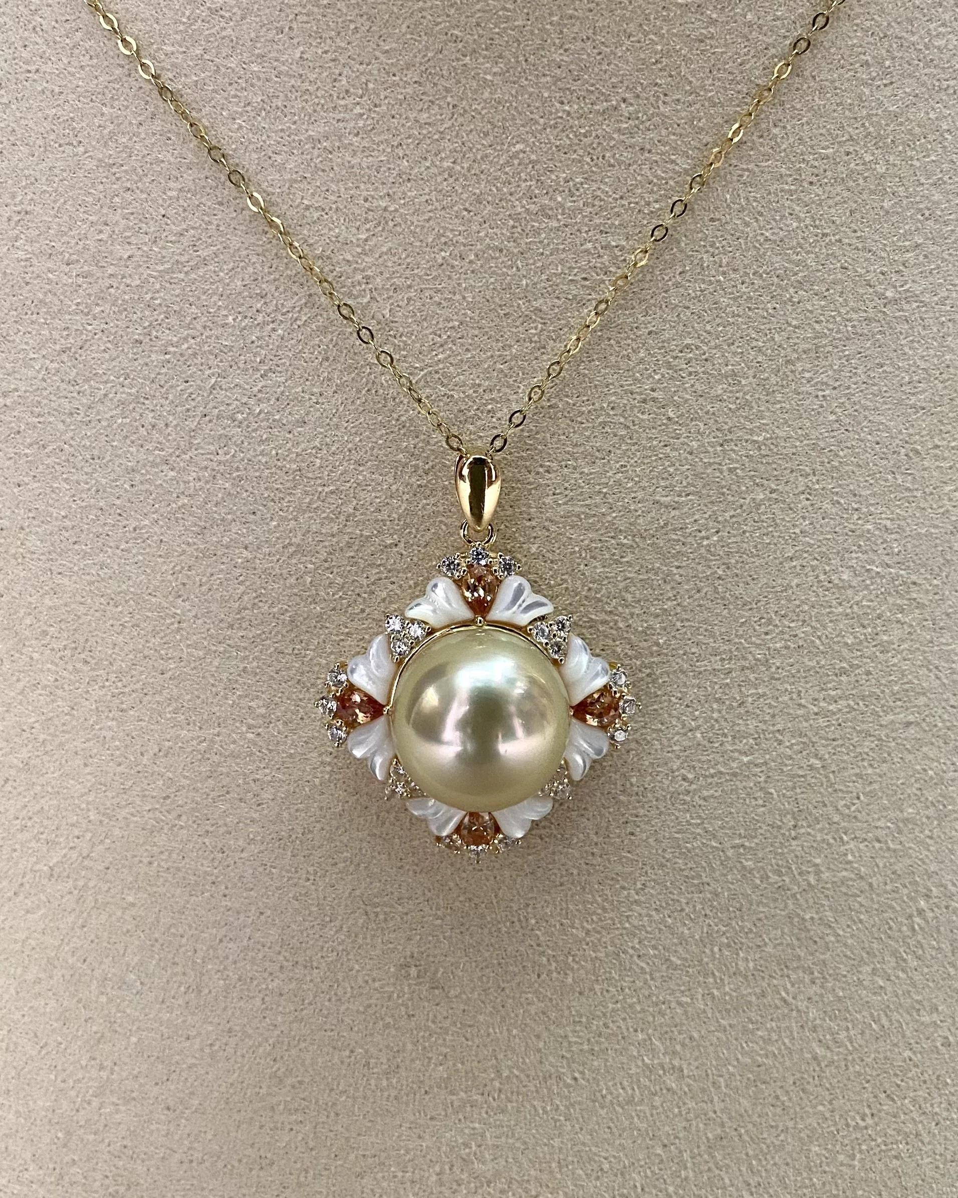 Ultra-Rare 13-13.5mm Lemon Candy Gold Japanese Amami Ōshima Pearl Pendant, 7A Mirror Lustre, Vintage Court-Style Floral S925 Silver MOP & CZ Starlit Pearls