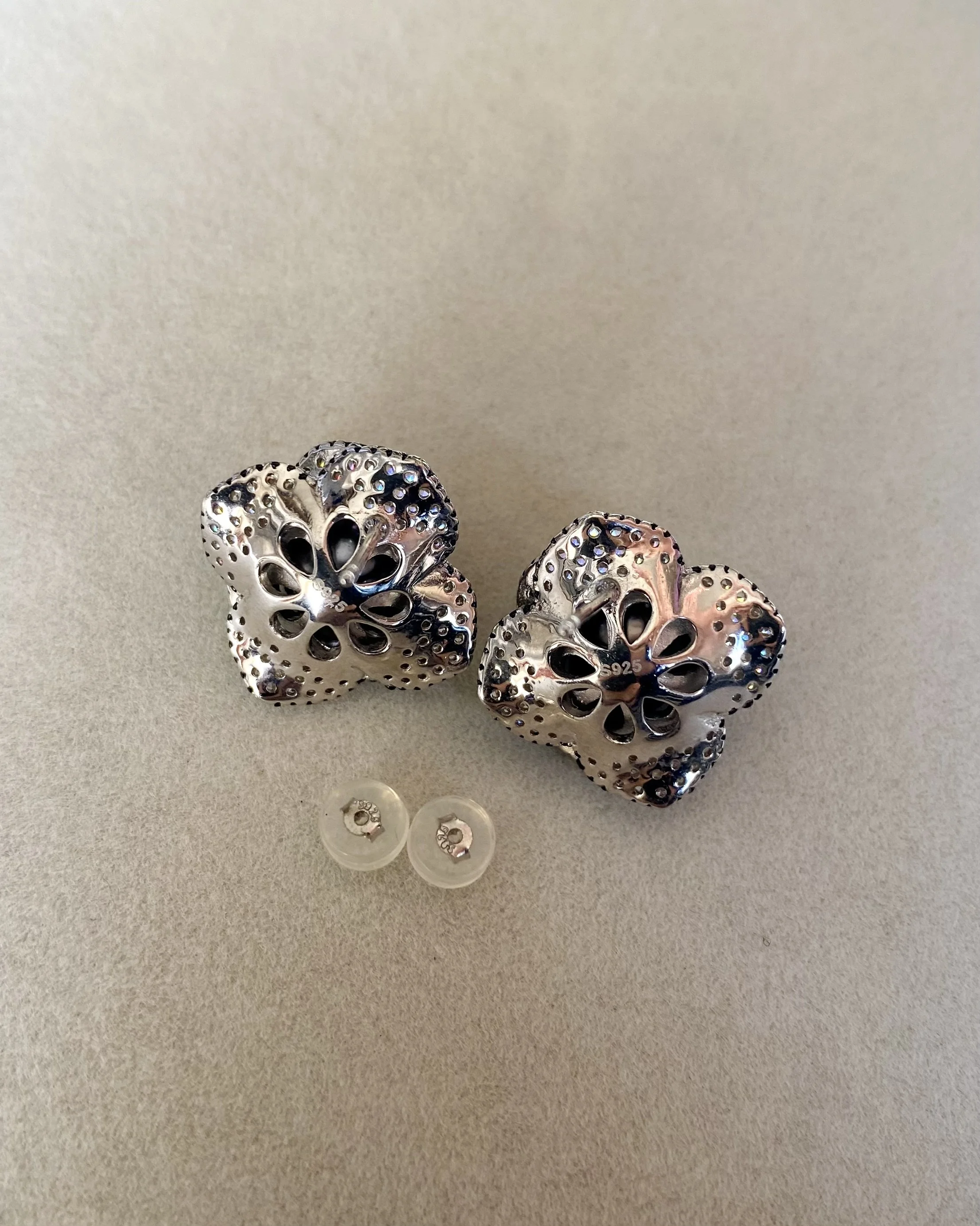 9mm Tahitian Black South Sea Pearl Earrings, Piaget Rose-Inspired Petalburst Design in S925 Silver & CZ, Violet Overtone, Oilshine Lustre Starlit Pearls