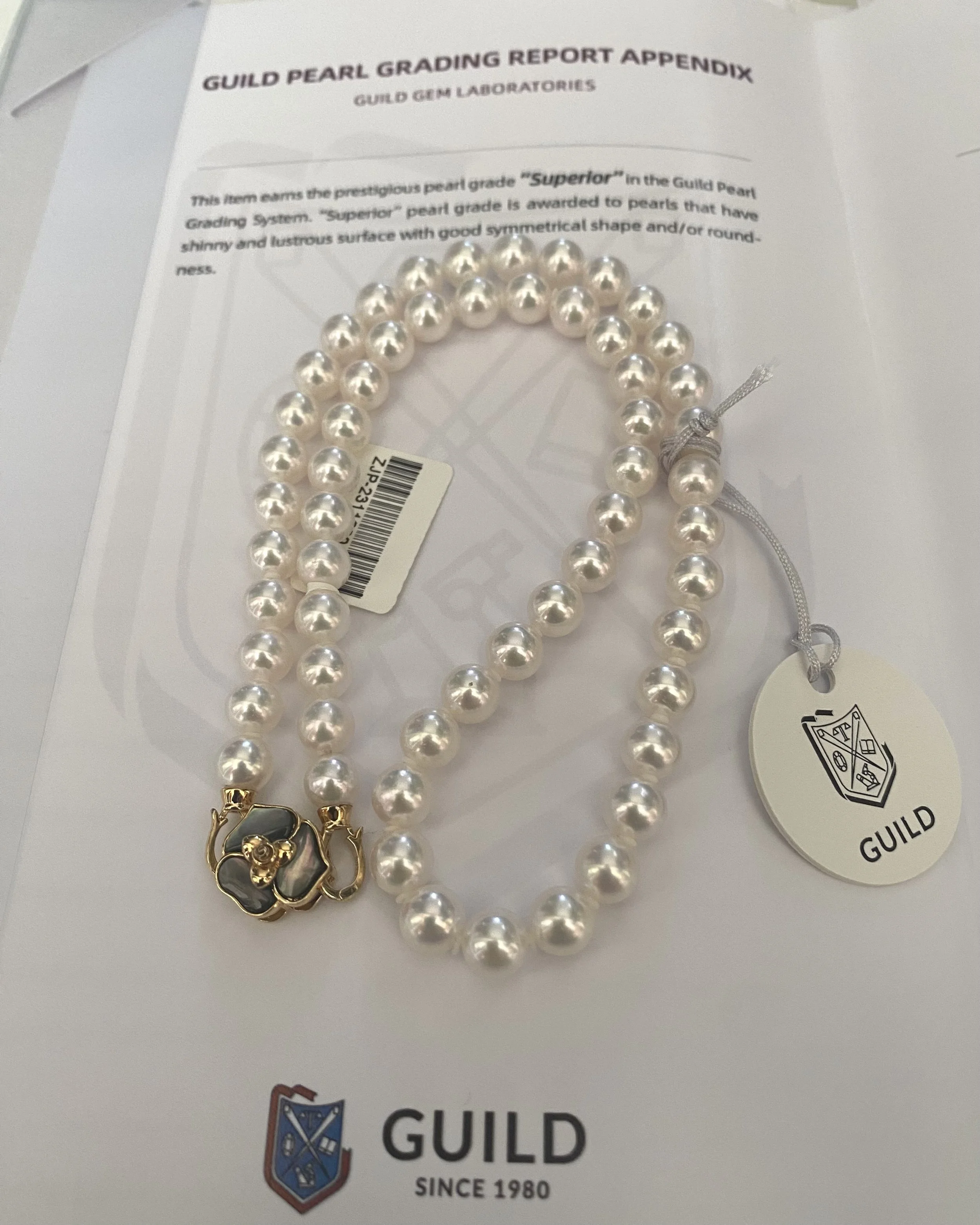 GUILD Certified Top-Gr Superior Snow White Japanese Akoya Pearl Necklace 7-7.5mm, Top Lustre, Orchid Black Mother-of-Pearl Clasp Starlit Pearls