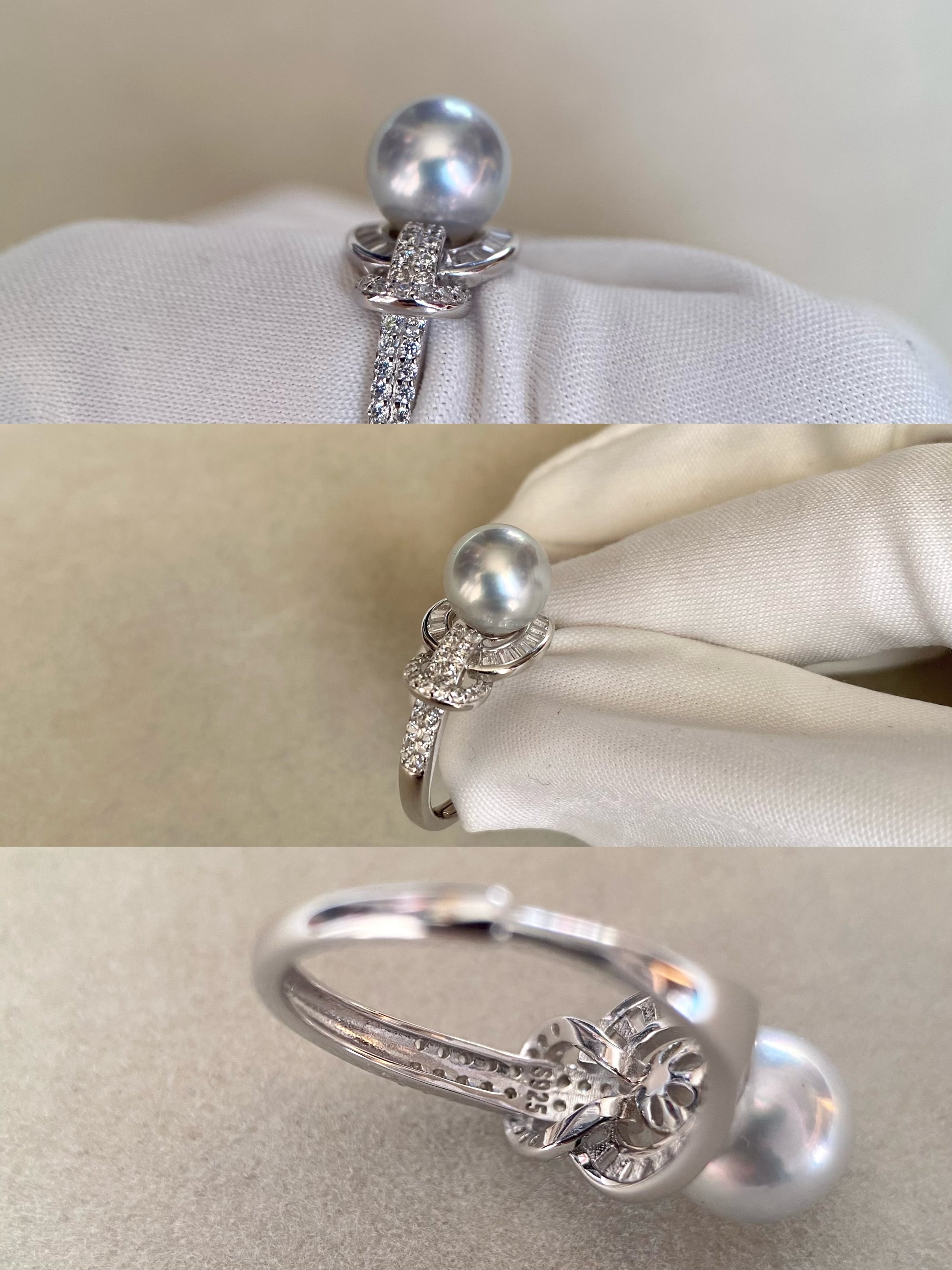 Top-Quality 8.1mm Japanese Silver-Grey Madama Akoya Pearl Ring, Radiant Lustre, Japanese Silver Pavé/Baguette Zircon Flowing Ribbon Setting Starlit Pearls