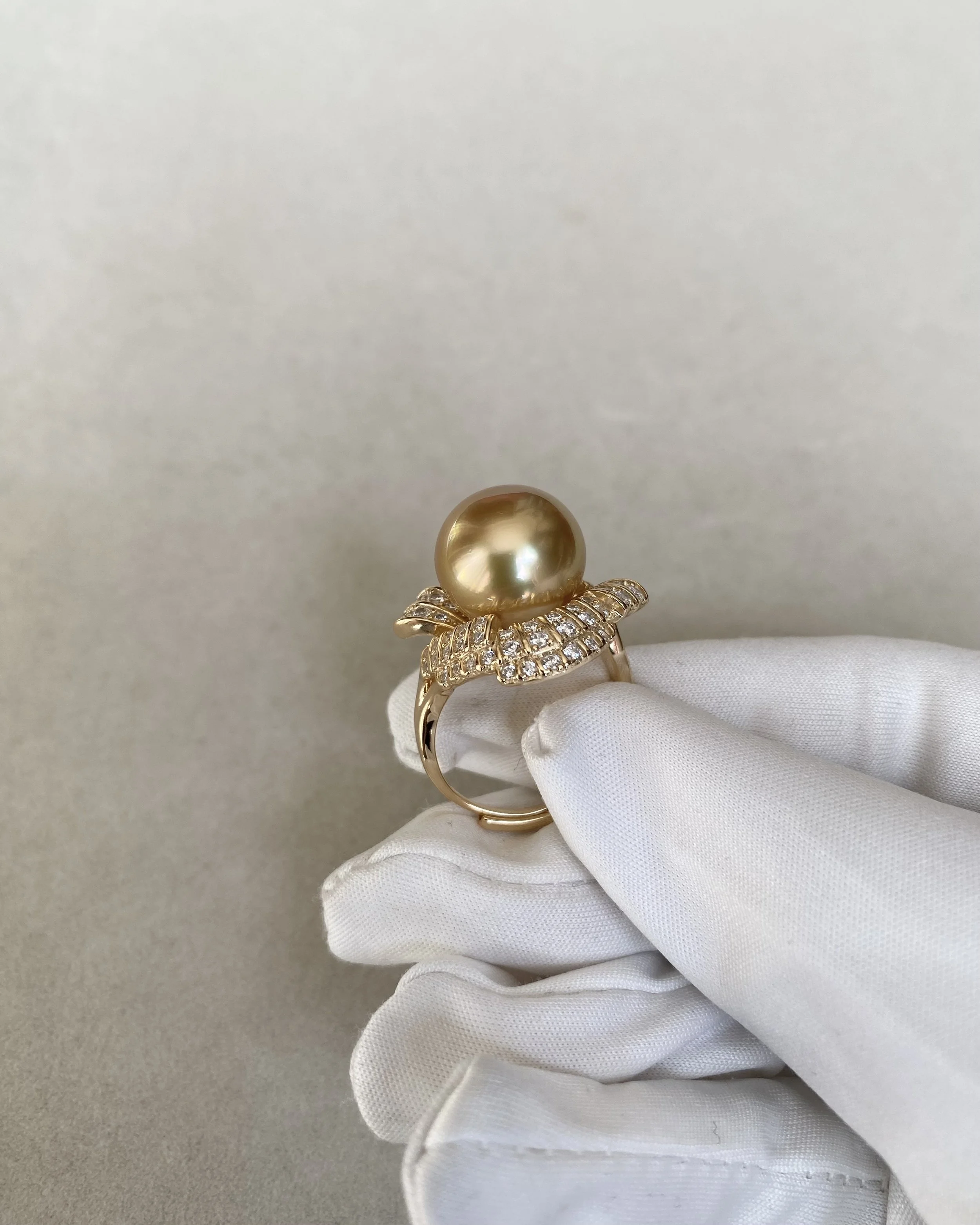 Large 13.2mm Golden South Sea Pearl Ring, Deep Rich Gold Tone, Sculptural Ribbon Pavé-Set S925 Sterling Silver Adjustable Band Starlit Pearls