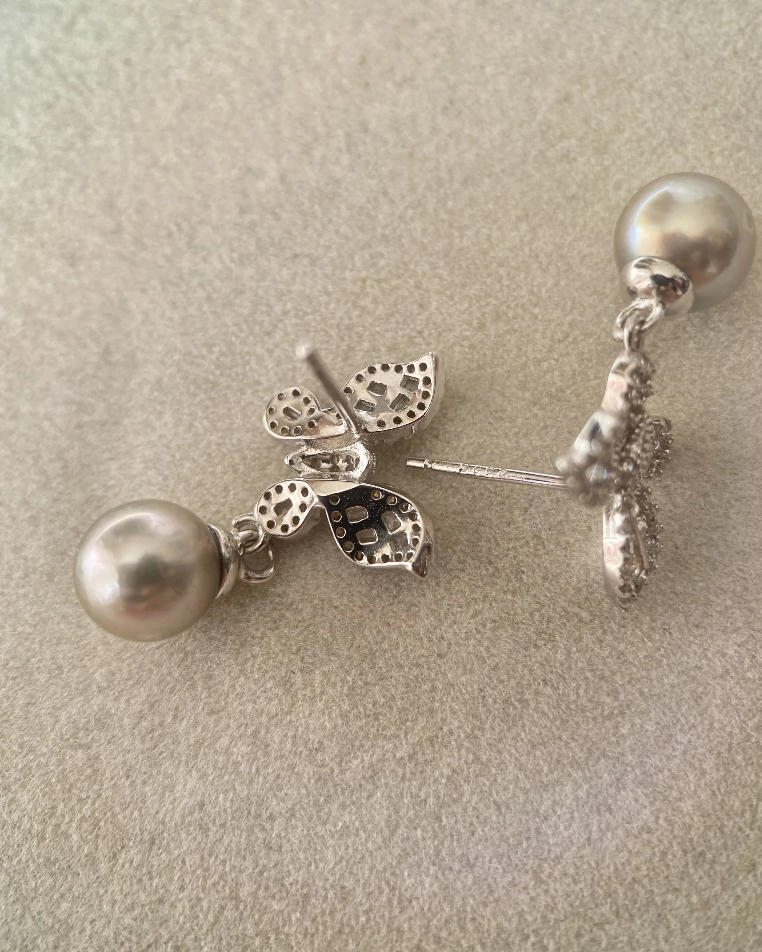 Japanese Metallic Grey Madama Akoya Pearl Drop Earrings 7.3mm, Steel-Like Lustre, S925 Silver Pavé Butterfly, Jewellery Show Piece Starlit Pearls