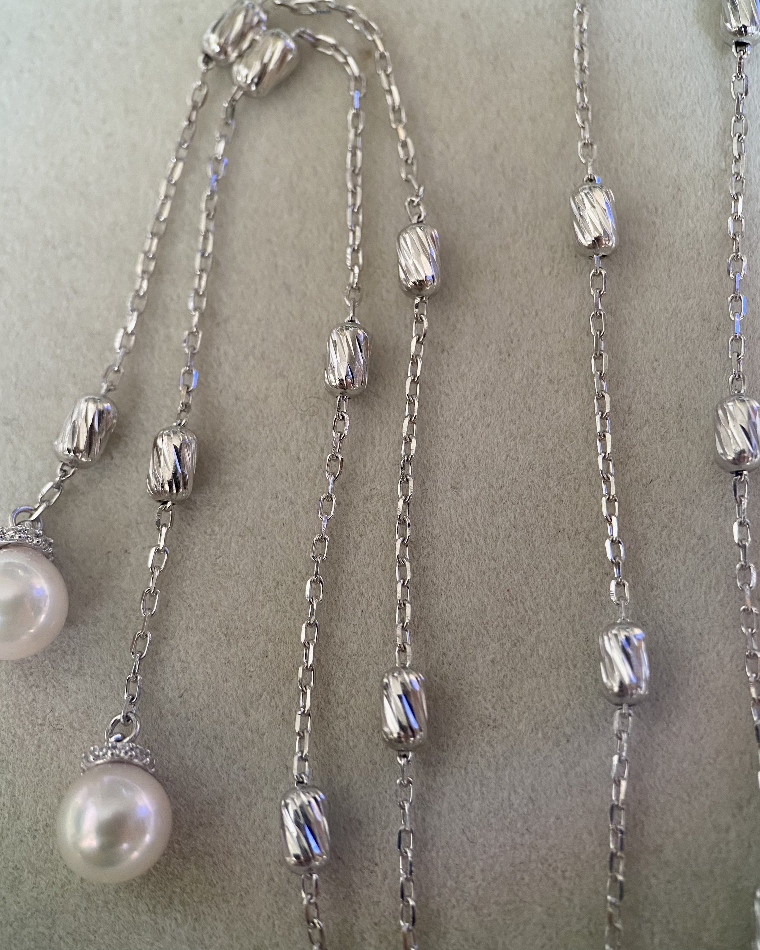 Original Japanese-Finished 6.5–7mm Classic White Akoya Pearl Y Necklace – S925 Silver Sparkling Textured Bead Chain, Double-Drop Design Starlit Pearls