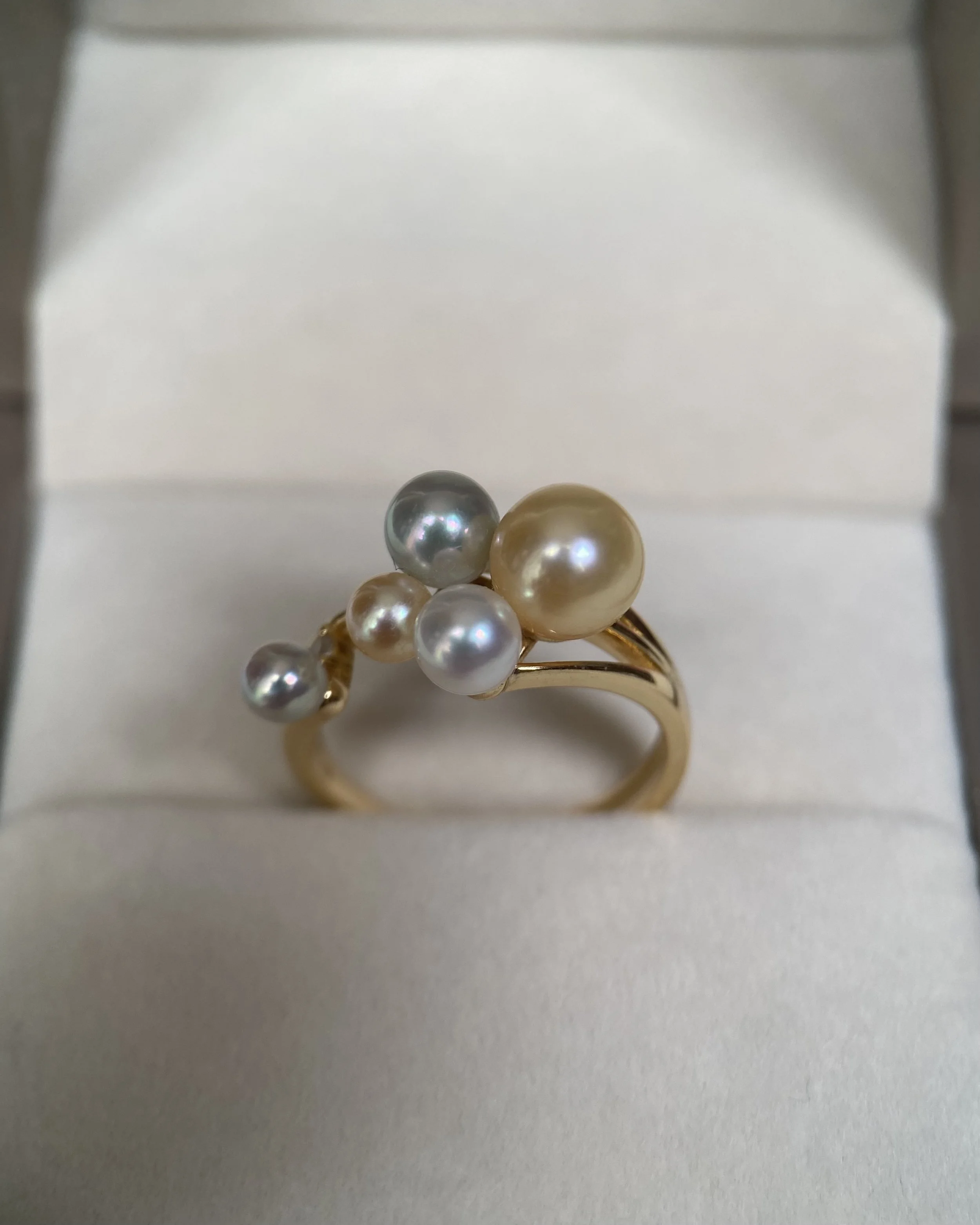 Rare Japanese Akoya Pearl Cluster Ring – Golden Dawn, Saiundama & Sairindama Pearls, Scattered Starlight Design, S925 Silver Band Starlit Pearls