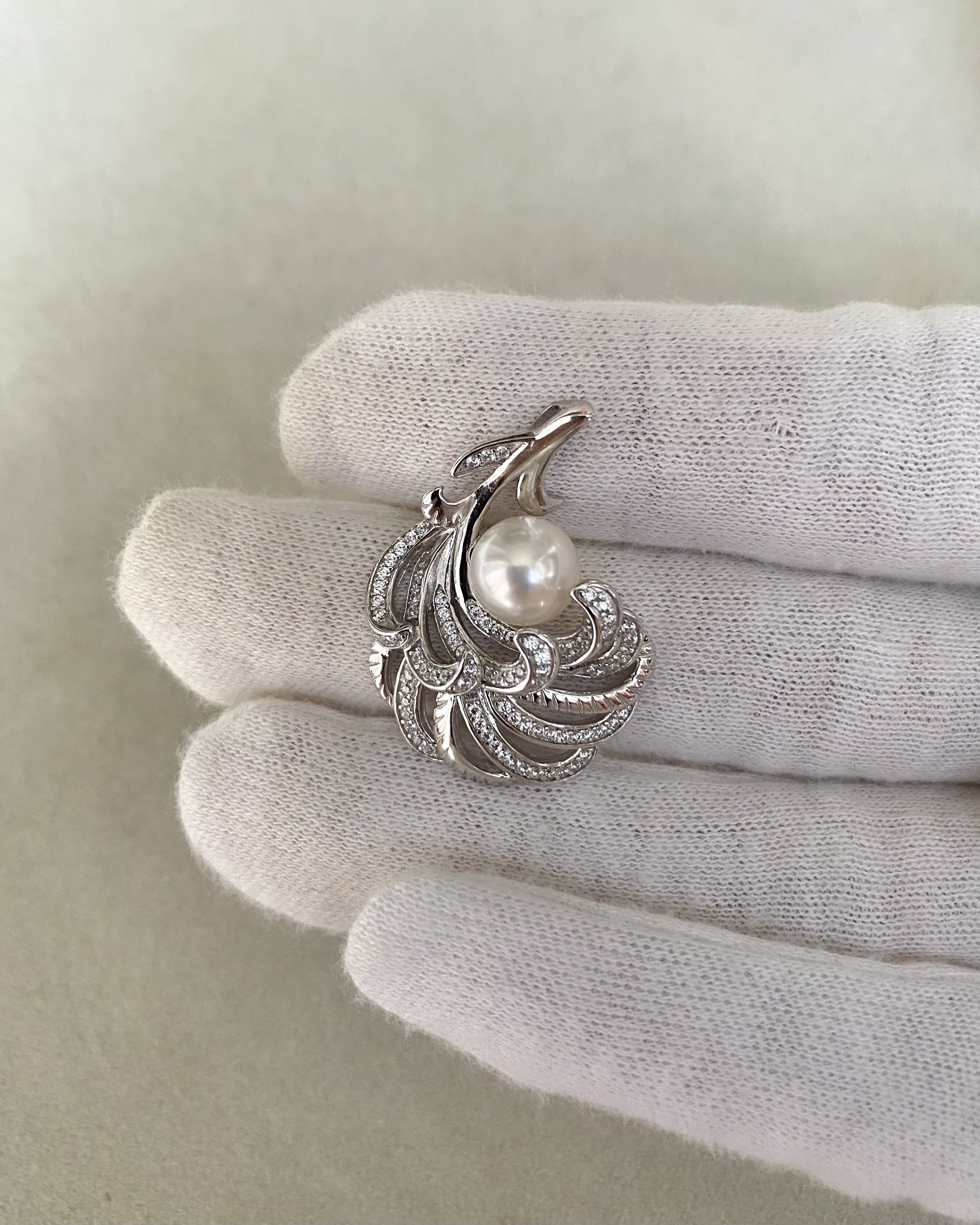 Top Quality Crystal White Japanese Akoya Pearl Pendant 8mm, Sculptural Layered Feather S925 Silver & CZ Design, Exhibition Piece Starlit Pearls
