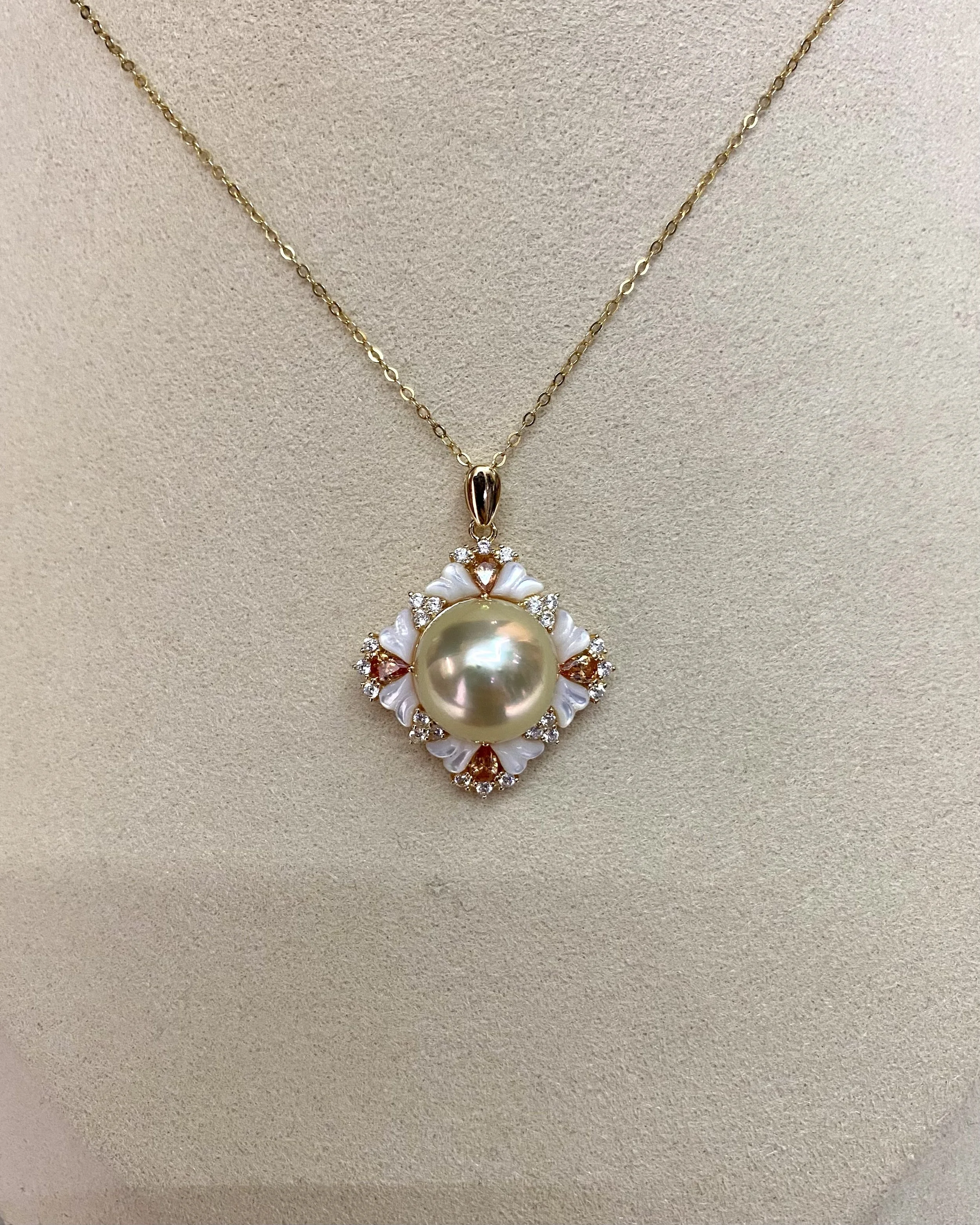 Ultra-Rare 13-13.5mm Lemon Candy Gold Japanese Amami Ōshima Pearl Pendant, 7A Mirror Lustre, Vintage Court-Style Floral S925 Silver MOP & CZ Starlit Pearls
