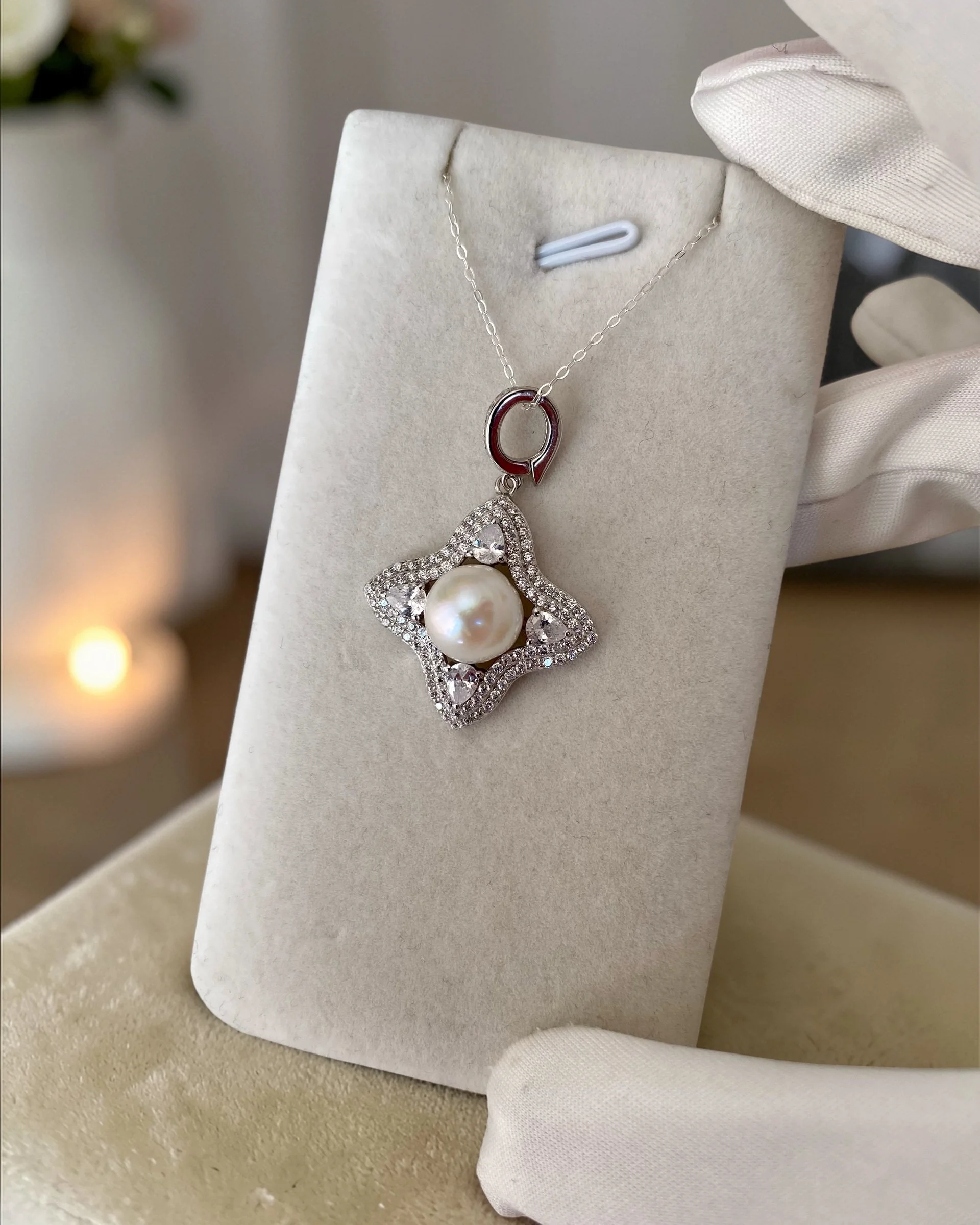 9.1mm Giant Japanese White Akoya Pearl Pendant, Silky Radiant Lustre, Sparkling Four-Point Star CZ Design, S925 Silver Clip-On Bail Starlit Pearls