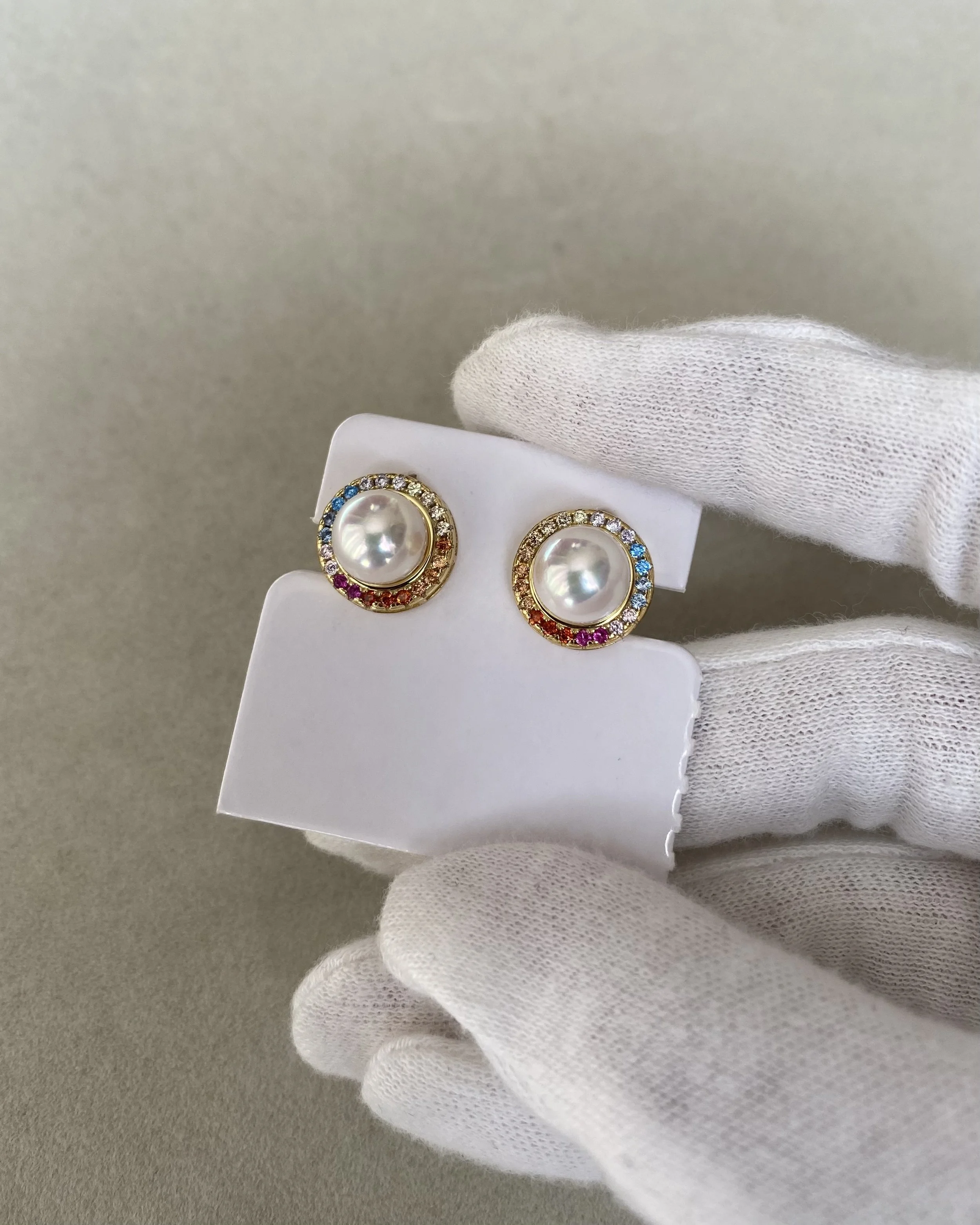 Rare Padparadscha_Japanese Akoya Pearl Earrings, 8mm Tennyo, White-Rose Overtone, S925 Bezel-Set with Rainbow Sapphire Halo, Showpiece Starlit Pearls