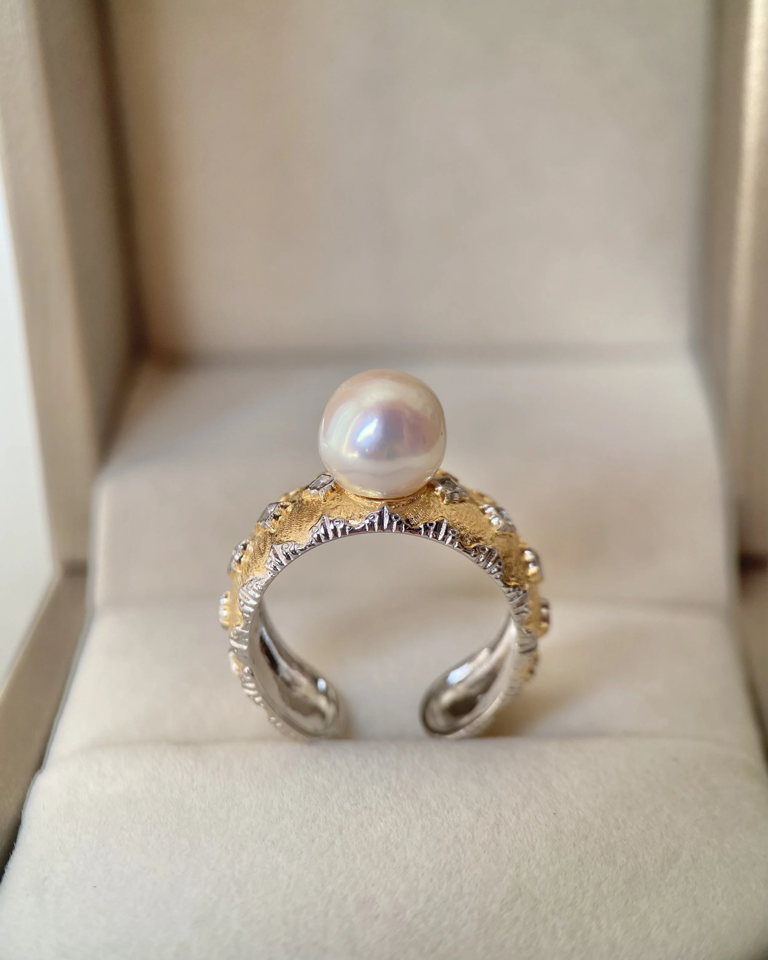 Rare Japanese White-Clear Akoya Pearl Ring 8.5mm, Soft Pink Overtone, Elegant Two-Tone Engraved S925 Silver Adjustable Wide Band Starlit Pearls