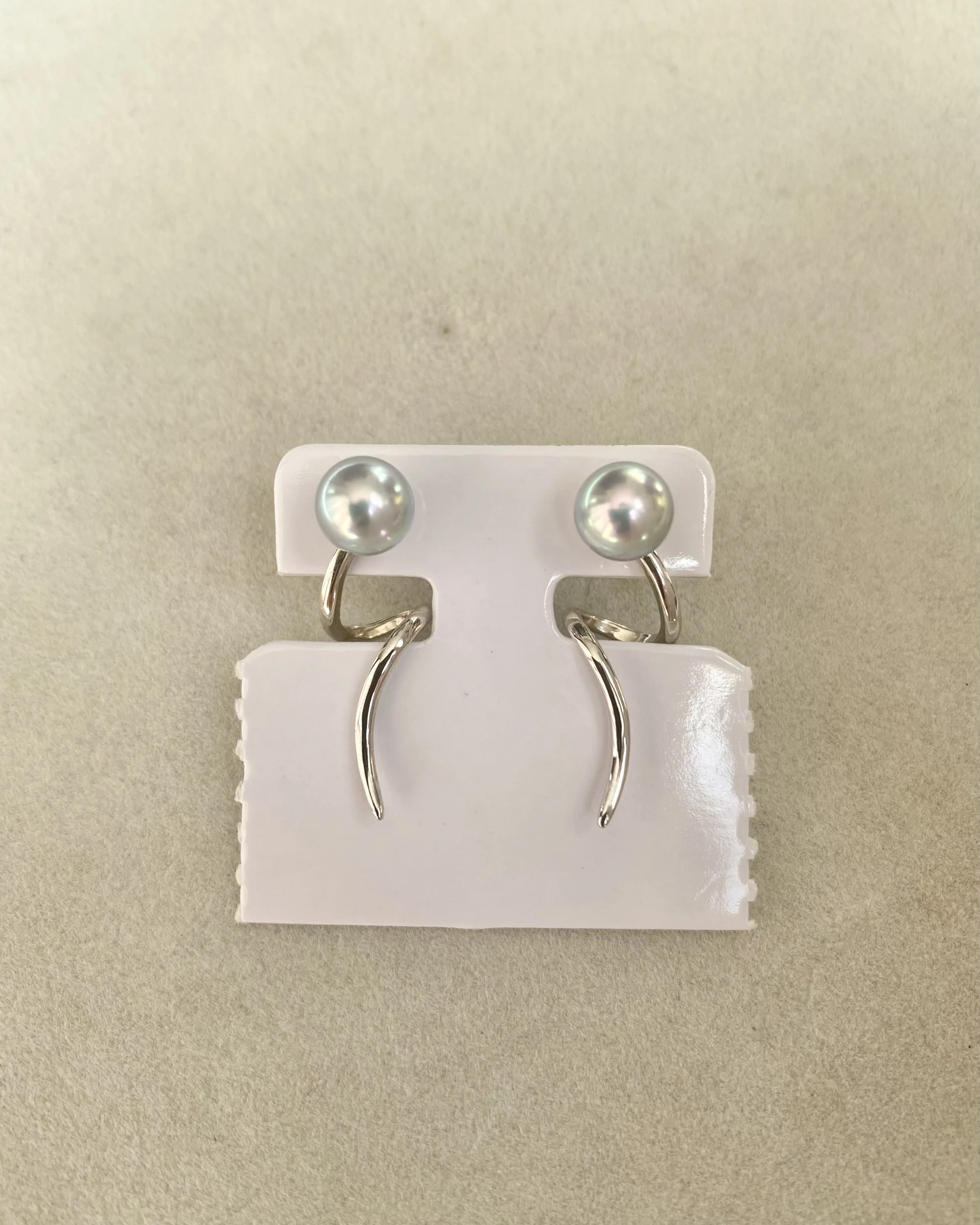 Natural Silver-Grey Blue Japanese Madama Akoya Pearl Earrings 7.1mm, Mirror Lustre, Sculptural Ribbon Wave S925 Design, Show Piece Starlit Pearls
