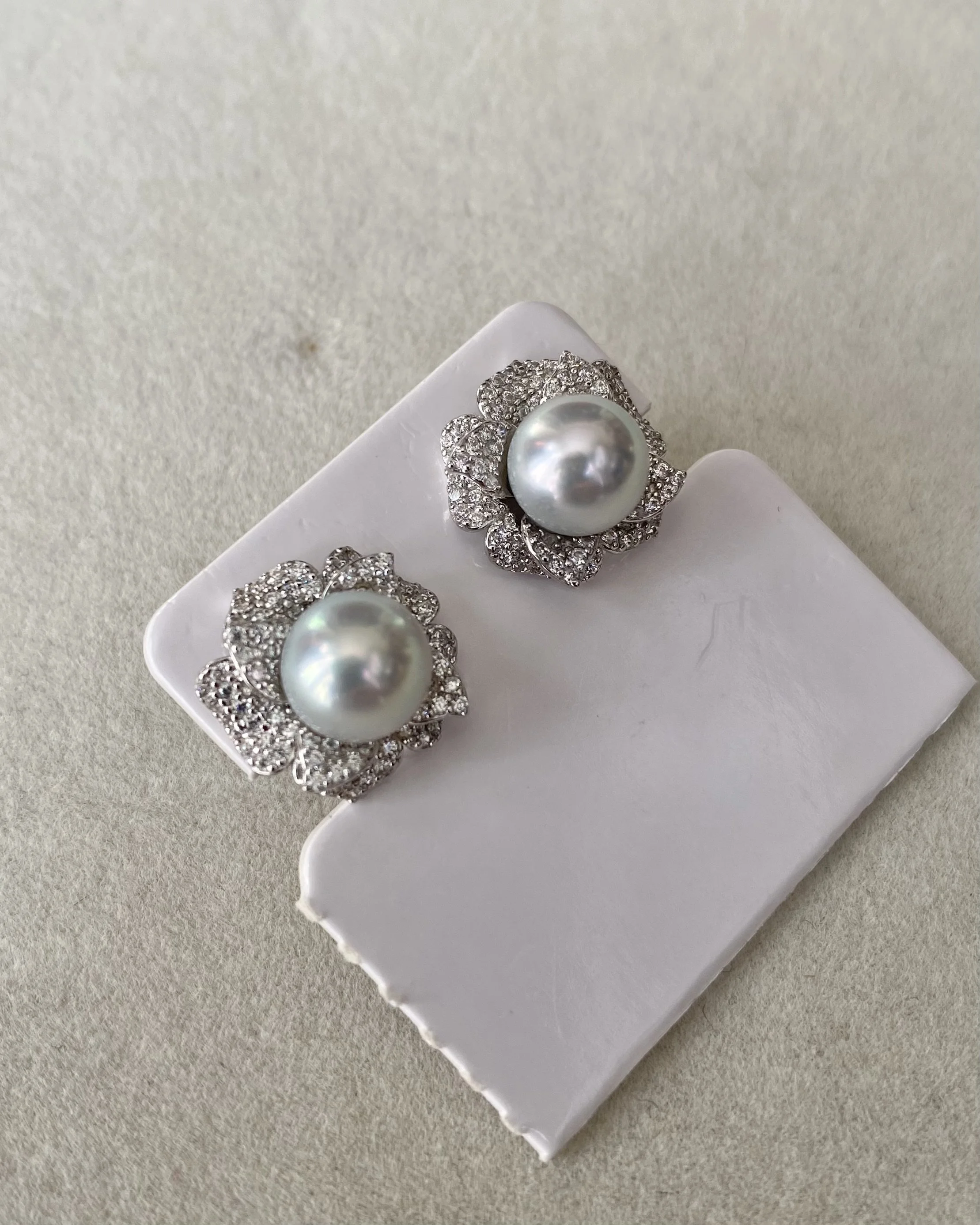 8mm Japanese Natural Silver-Grey Madama Akoya Pearl Camellia Stud Earrings, Mirror Lustre, S925 Layered Pavé CZ Petals, Show Piece