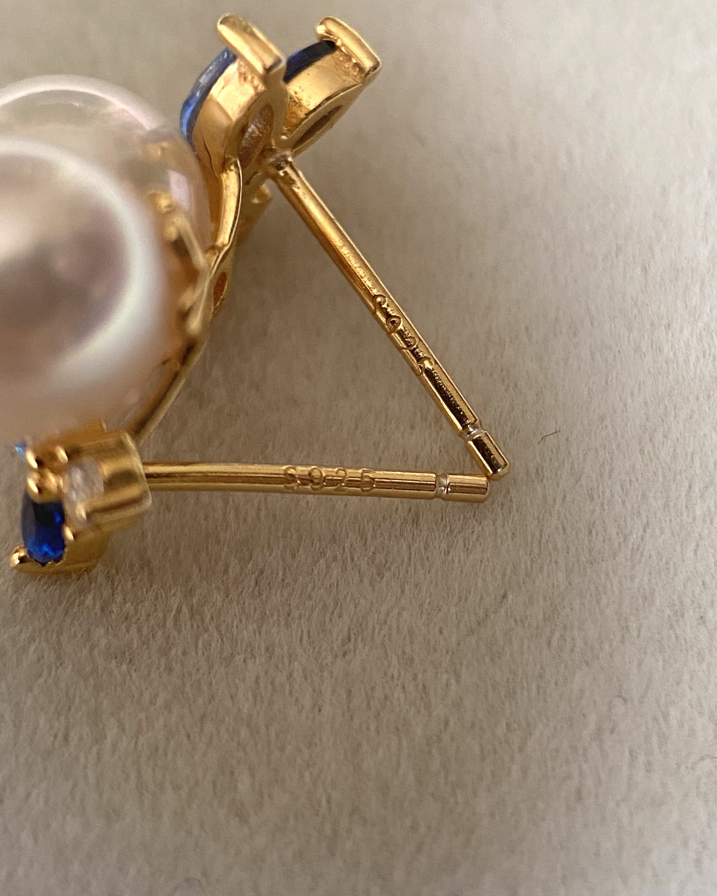 Japanese Exhibition 7.9mm Classic White Akoya Pearl Stud Earrings, Sapphire Blue Botanical Leaf Design, S925 Silver with CZ Accents Starlit Pearls