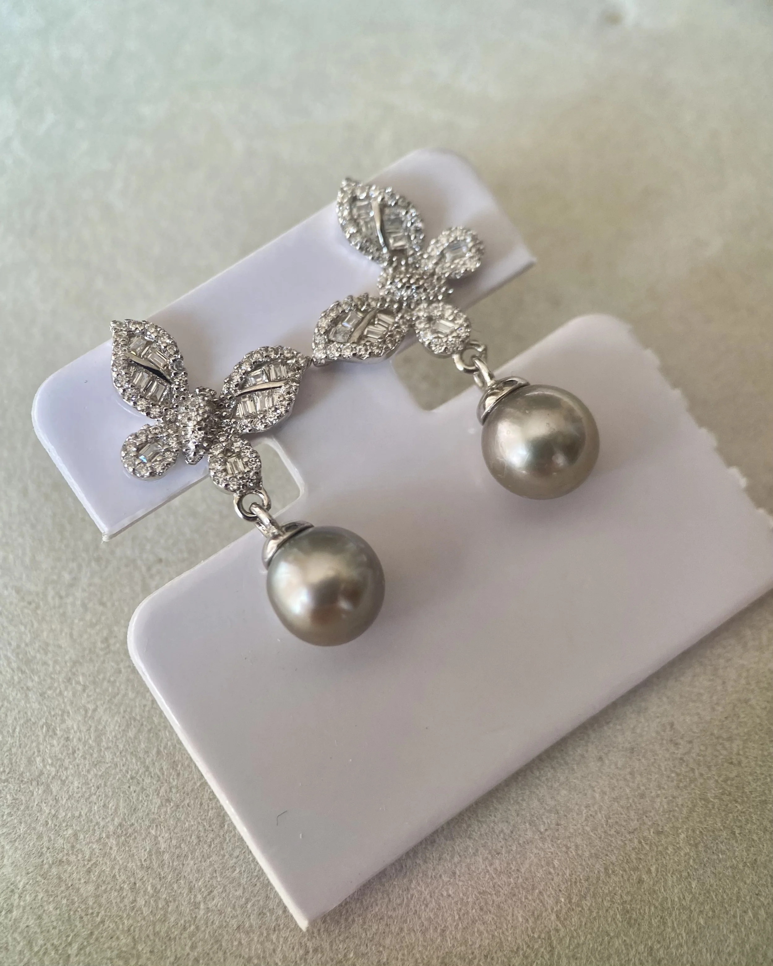 Japanese Metallic Grey Madama Akoya Pearl Drop Earrings 7.3mm, Steel-Like Lustre, S925 Silver Pavé Butterfly, Jewellery Show Piece Starlit Pearls