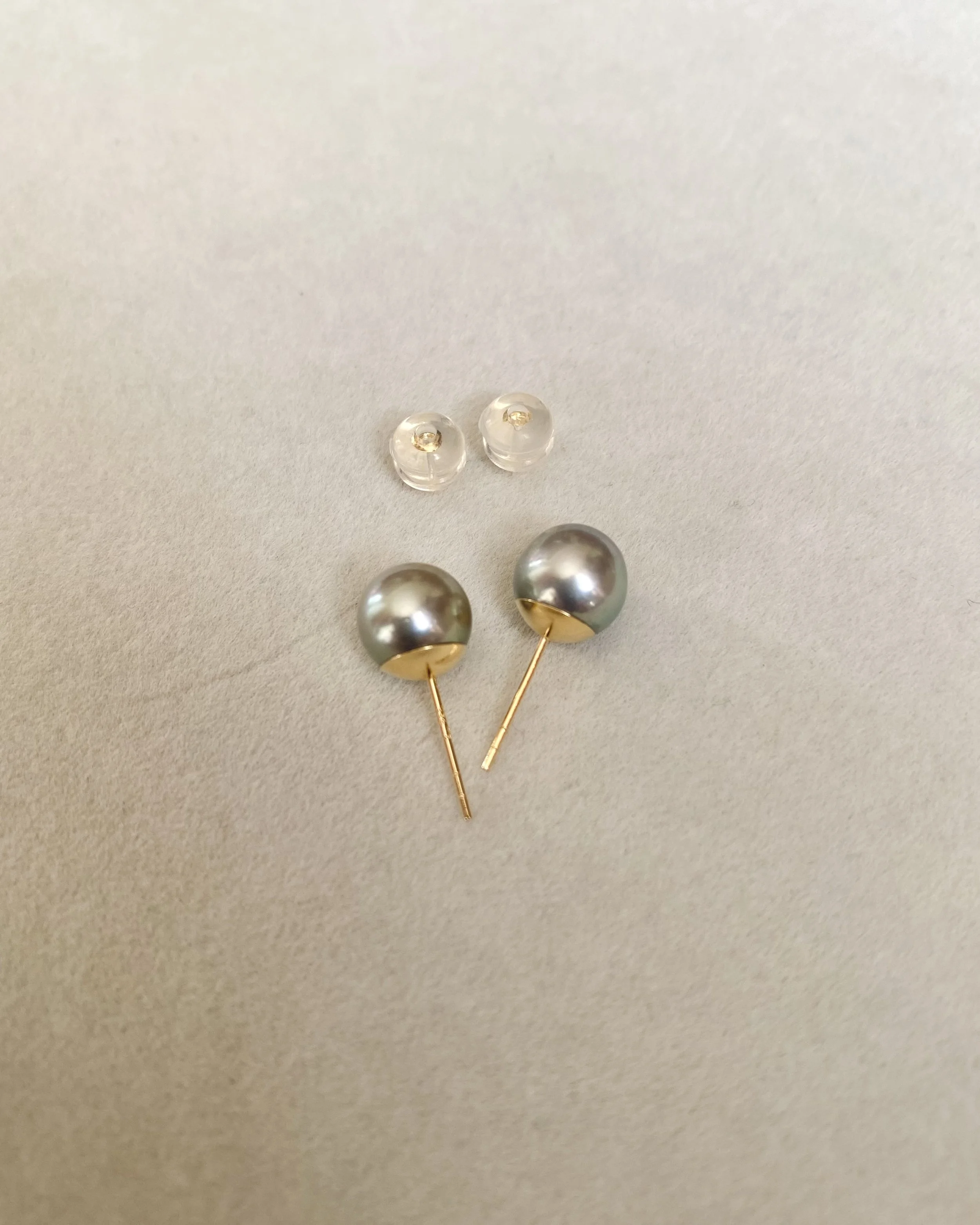 8mm Silver Olive-Green Japanese Madama Akoya Pearl Stud Earrings, Metallic Lustre, Solid 18K Thick Posts & Full Gold Cap Setting Starlit Pearls