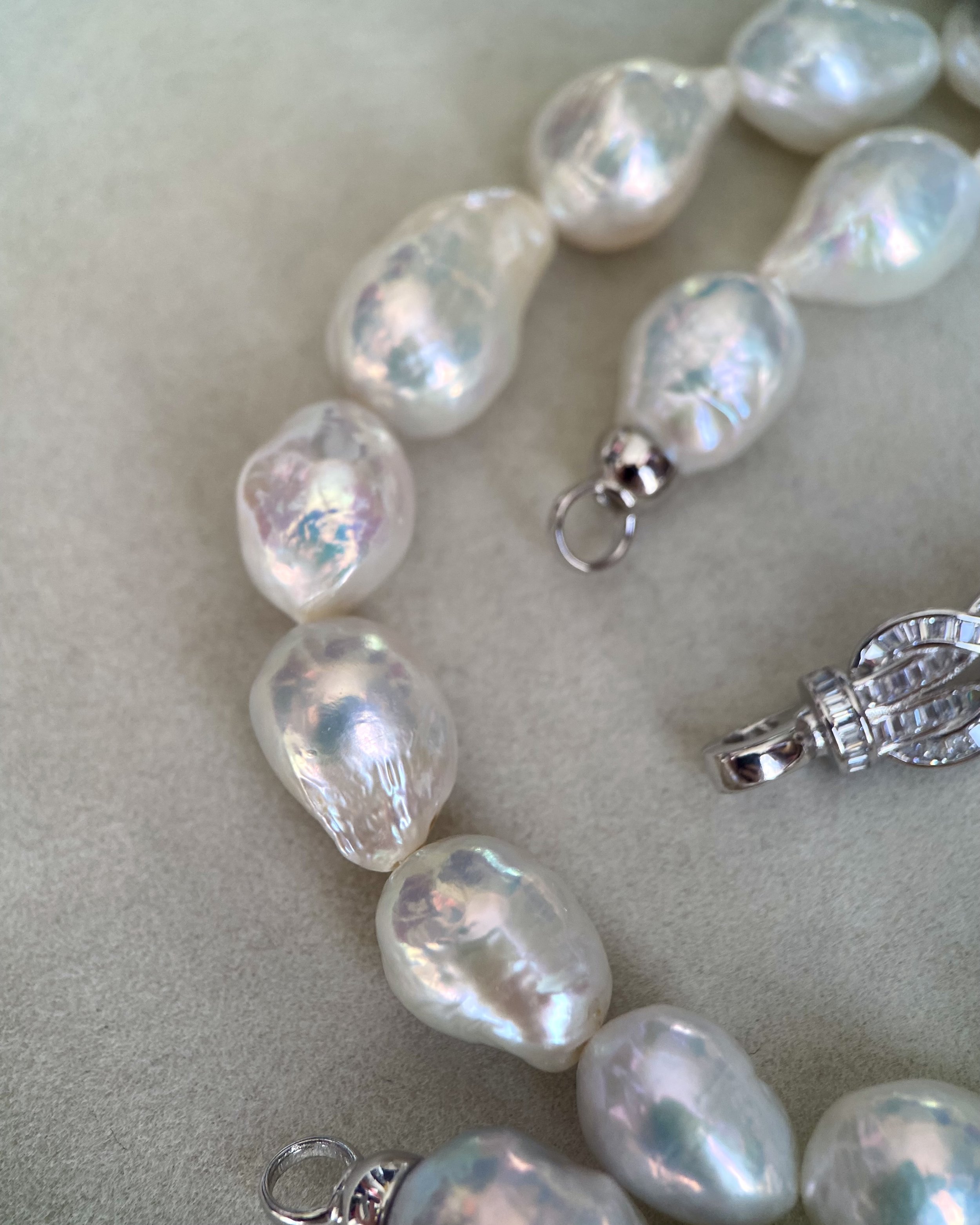Aurora Iridescence - Large 13-15mm White Freshwater Baroque Pearl Necklace, Baguette Zircon S925 Silver Detachable Woven Infinity Knot Clasp Starlit Pearls