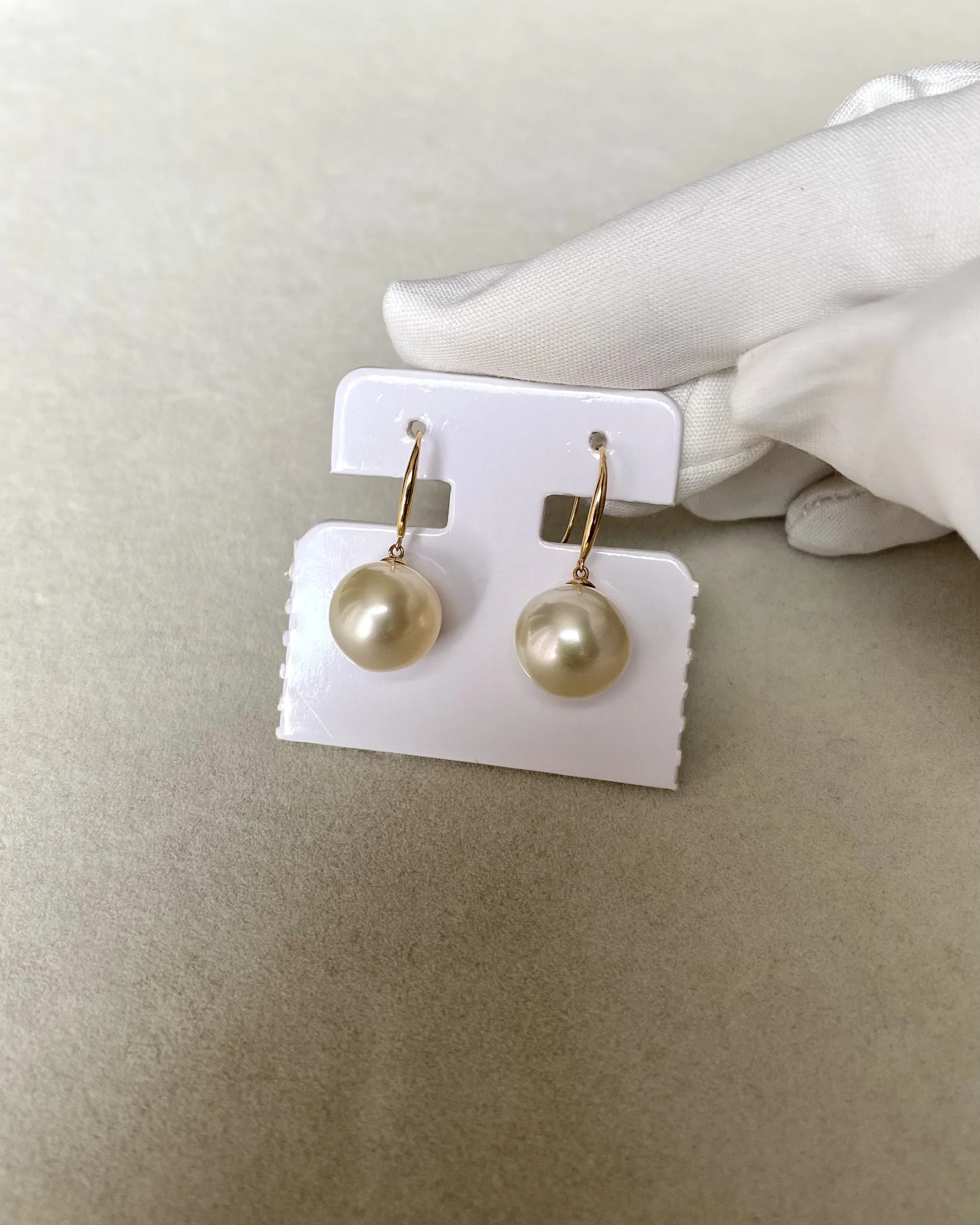 Lemon-Gold South Sea Pearl Hook Earrings 10.5mm, Flawless 6A Quality, Thick Solid 18K Gold Fittings Starlit Pearls