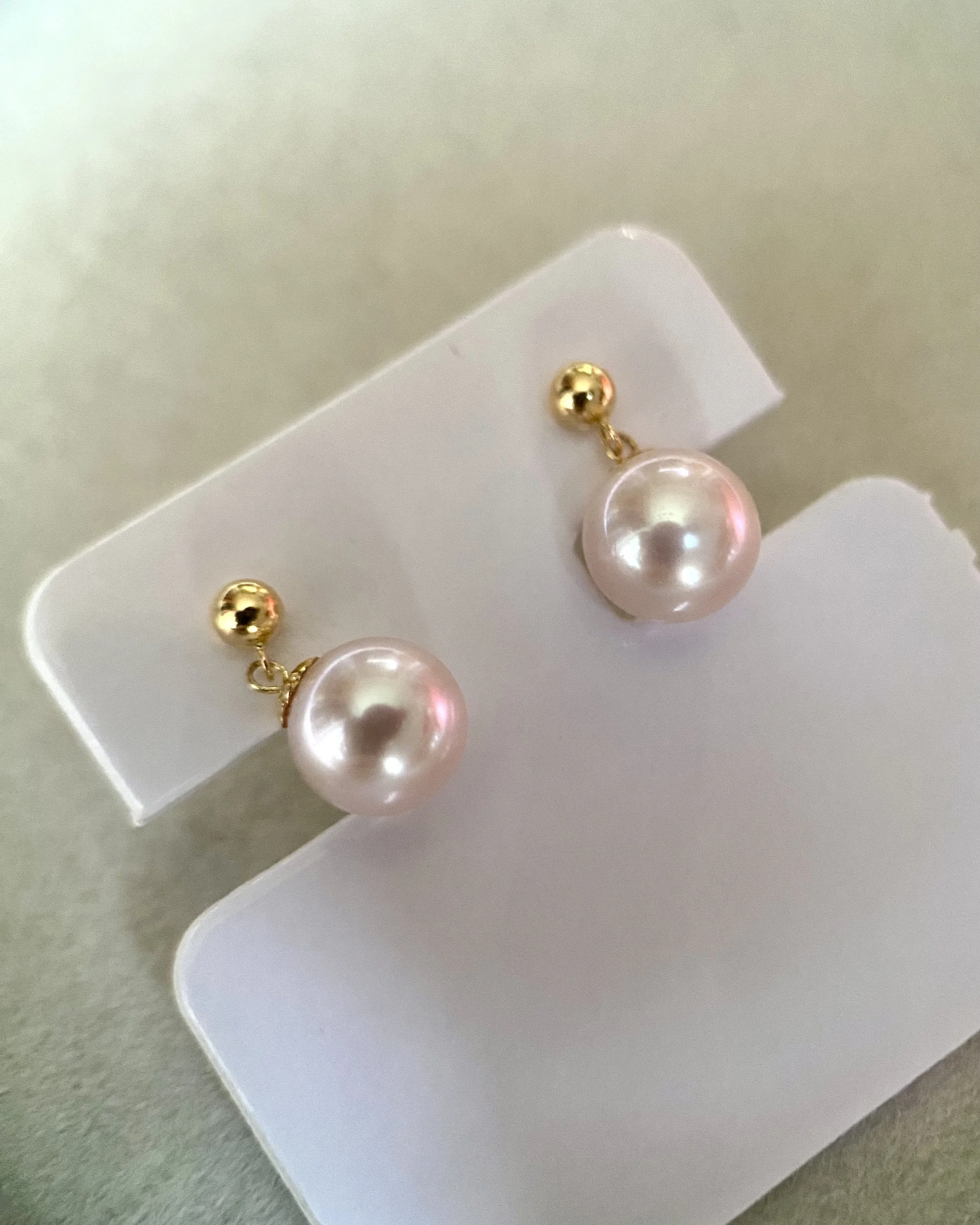 Top Quality Japanese Rose Pink Freshwater Pearl Earrings 7-7.5mm, Mirror-Like Lustre, 18K/AU750 Solid Yellow Gold Dangle Fittings Starlit Pearls