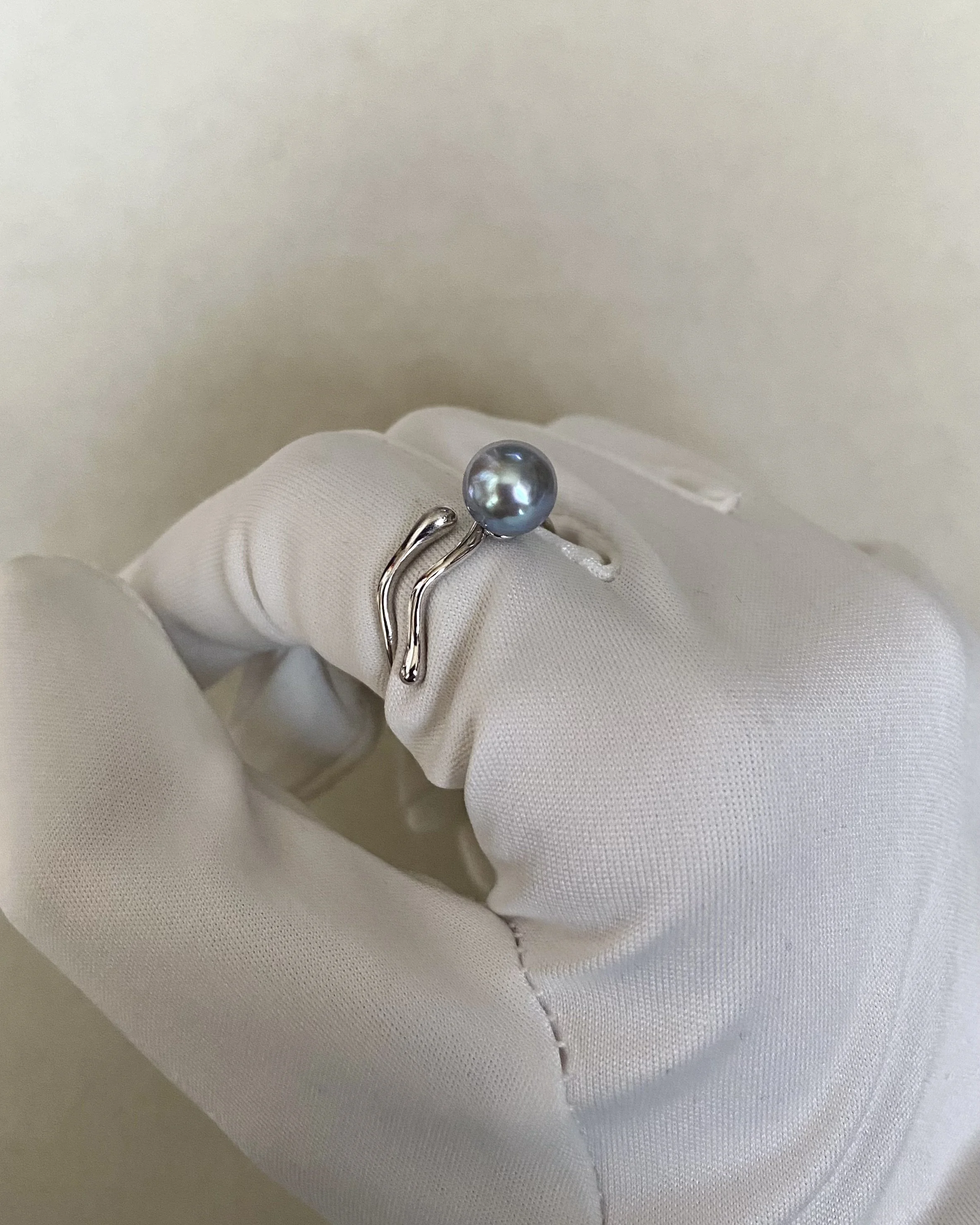 7-7.5mm Japanese Electric Blue Rose Madama Akoya Pearl Ring, S925 Flow Adjustable Setting, Top lustre, Japan Jewellery Exhibition Exclusive Starlit Pearls