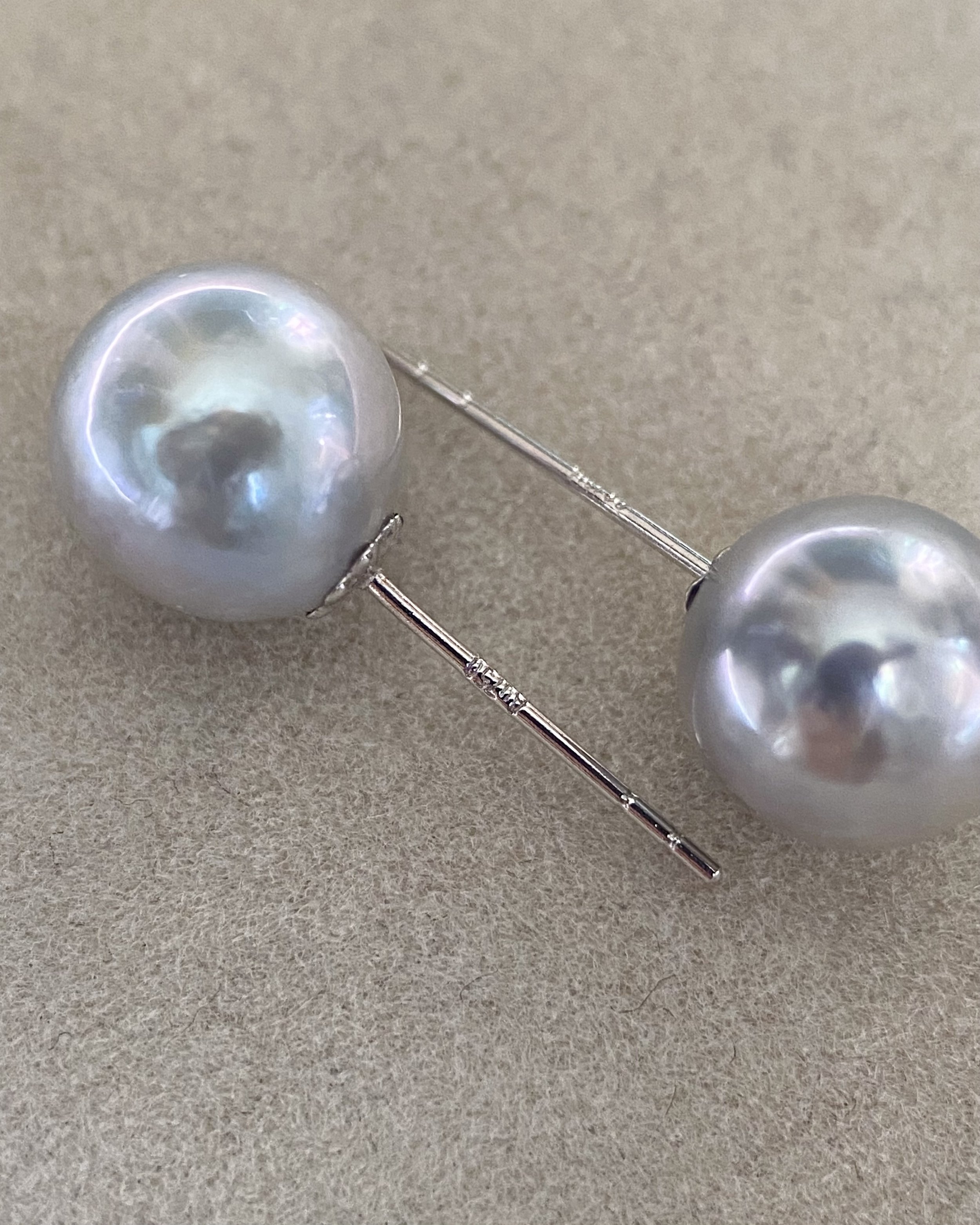 Premium Flawless Quality 8mm Japanese Silver-Grey-Blue Madama Akoya Pearl Stud Earrings, 18K Solid White Gold Post, Subtle Rainbow Overtone Starlit Pearls