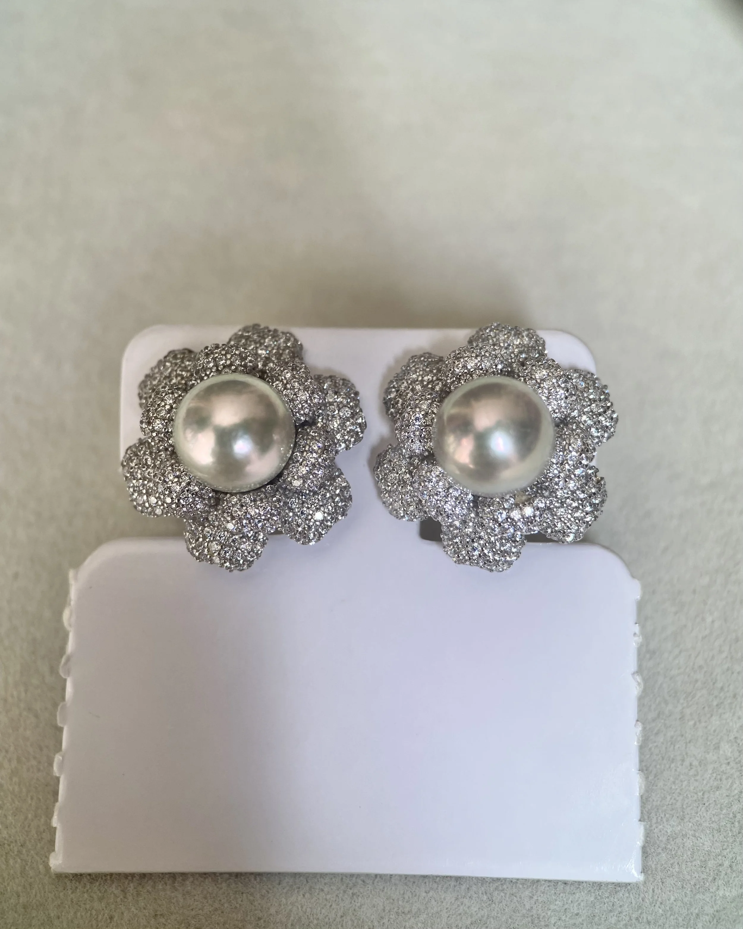 Luxury Gardenia Blossom_Japanese Silver-Grey Madama Akoya Pearl Stud Earrings 8.2mm, Double-Layer Pavé S925 Silver, Exhibition Piece Starlit Pearls