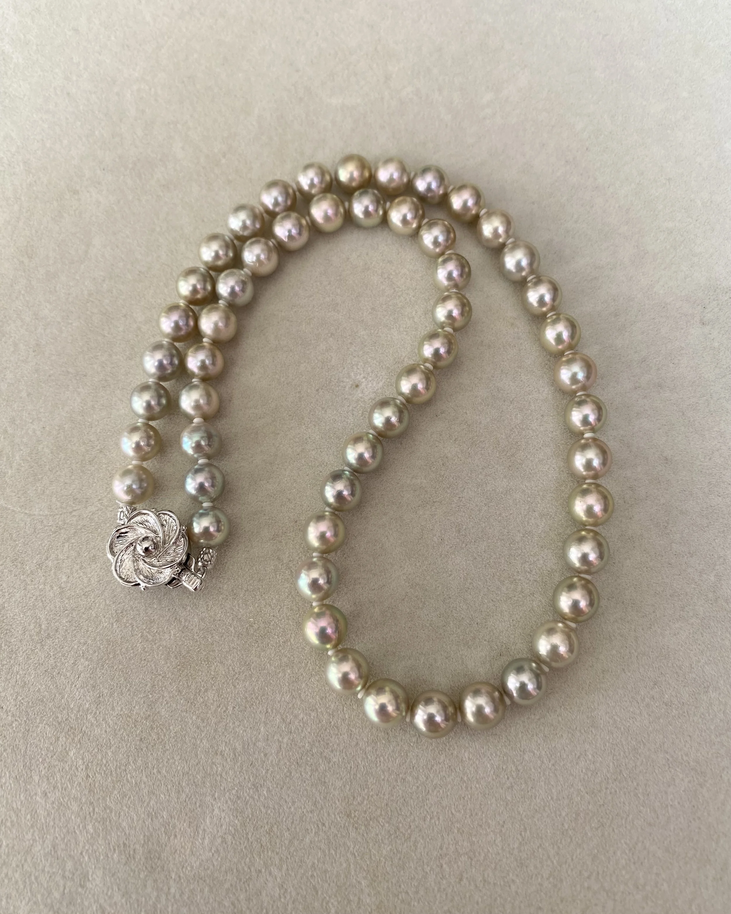 Rare Premium Silver-Grey Lemon-Green Japanese Madama Akoya Pearl Necklace 7.5mm, Pink Overtones, Sculptural Floral Clasp, Show Piece Starlit Pearls
