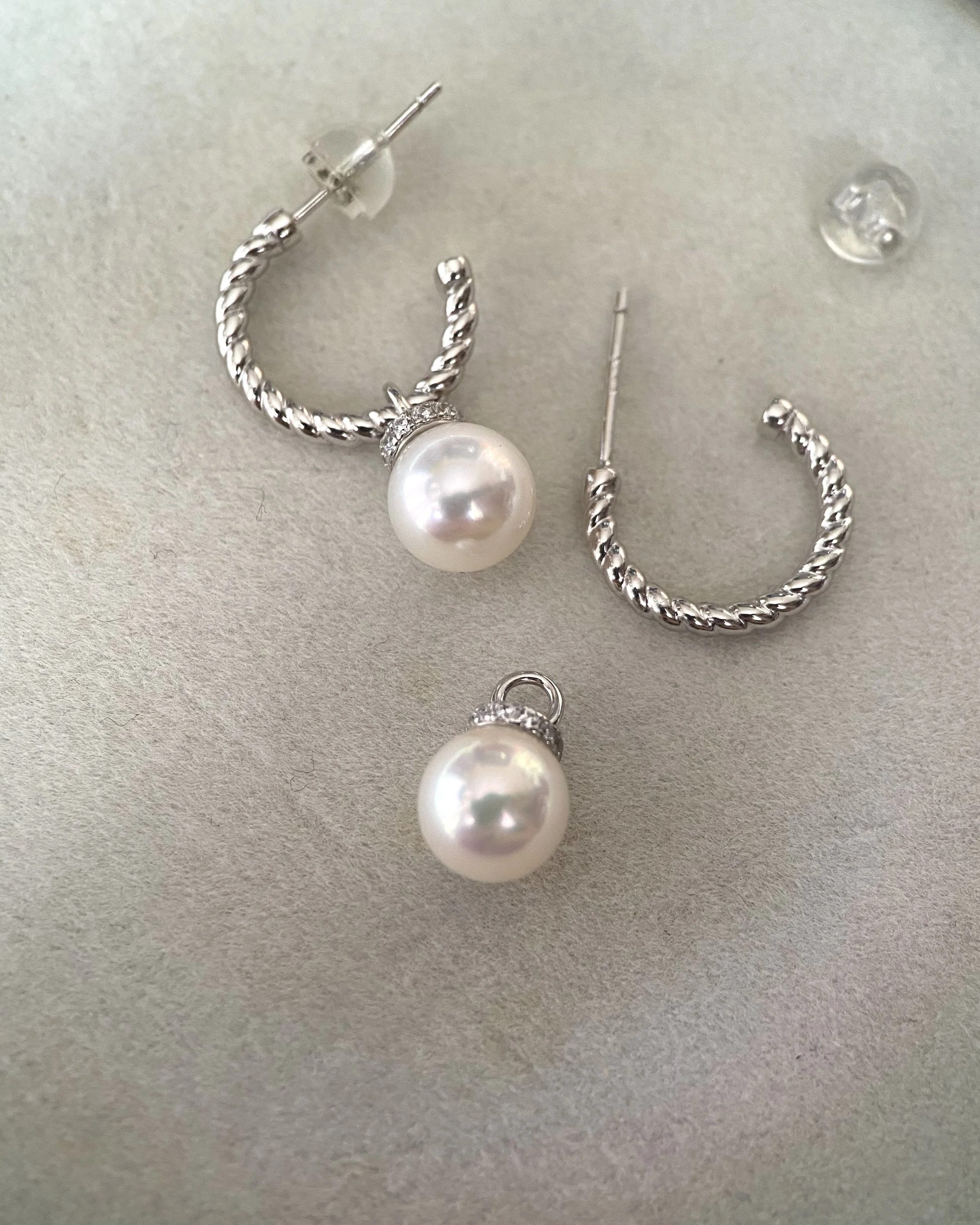 2-in-1 Convertible Top Gr. “Specially Selected” Japanese Crystal White Akoya Pearl Earrings 8mm, S925 Silver Rope-Twist Hoops/Pendant Starlit Pearls