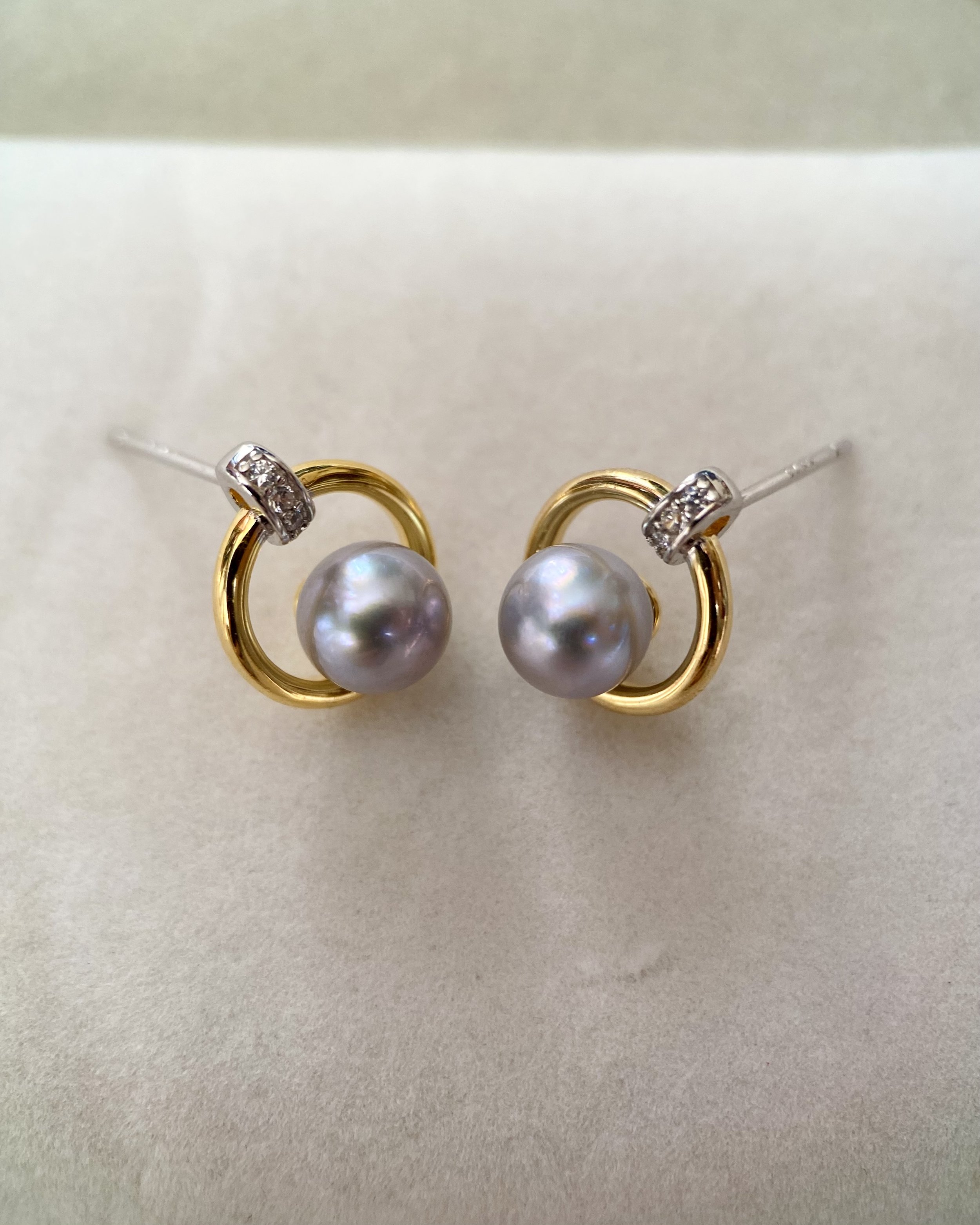 Flawless 6.5-7mm Japanese Silver-Grey Madama Akoya Pearl Stud Earrings, Subtle Pink Overtones, Japanese-Made S925 Silver Geometric Design Starlit Pearls