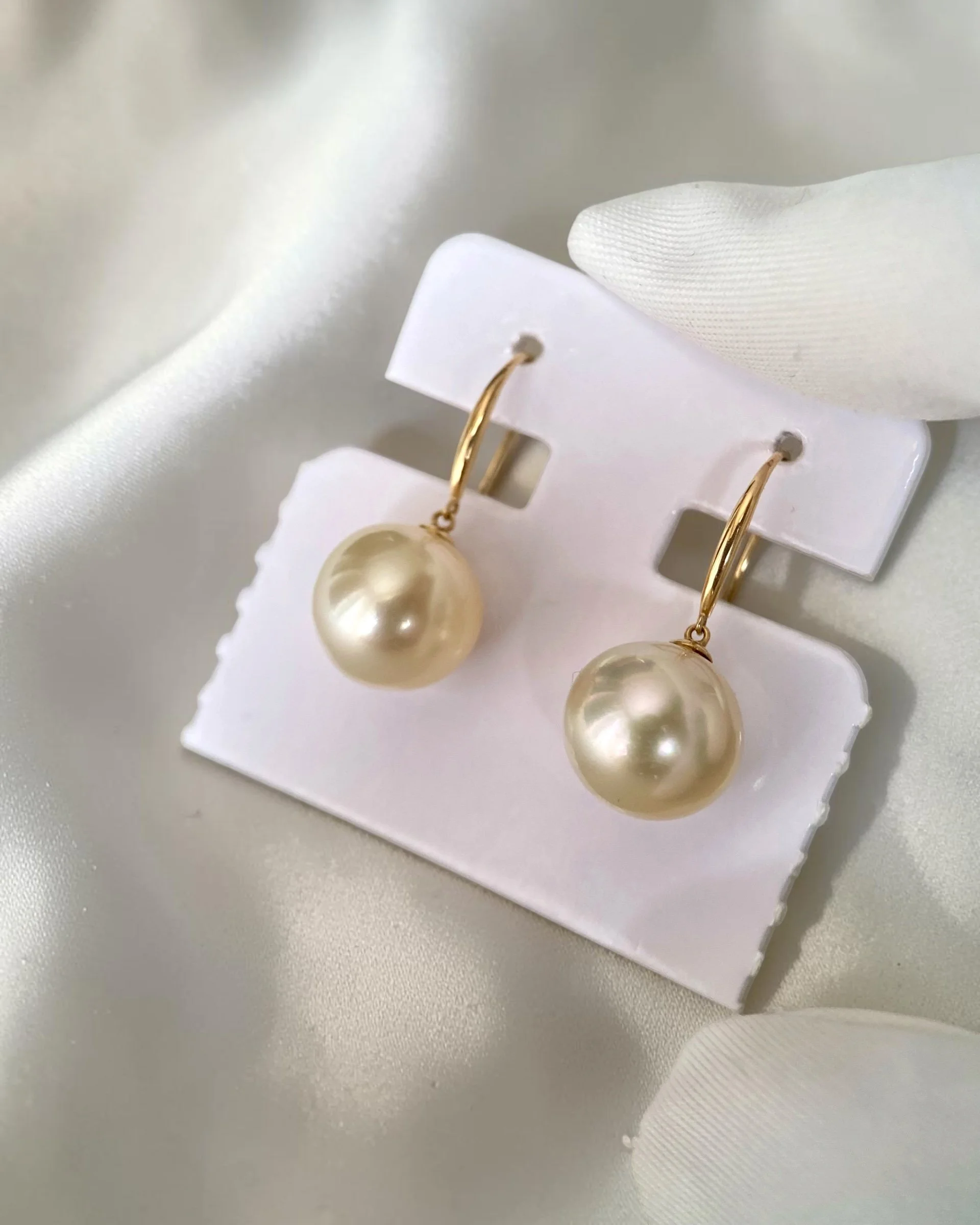 Lemon-Gold South Sea Pearl Hook Earrings 10.5mm, Flawless 6A Quality, Thick Solid 18K Gold Fittings Starlit Pearls