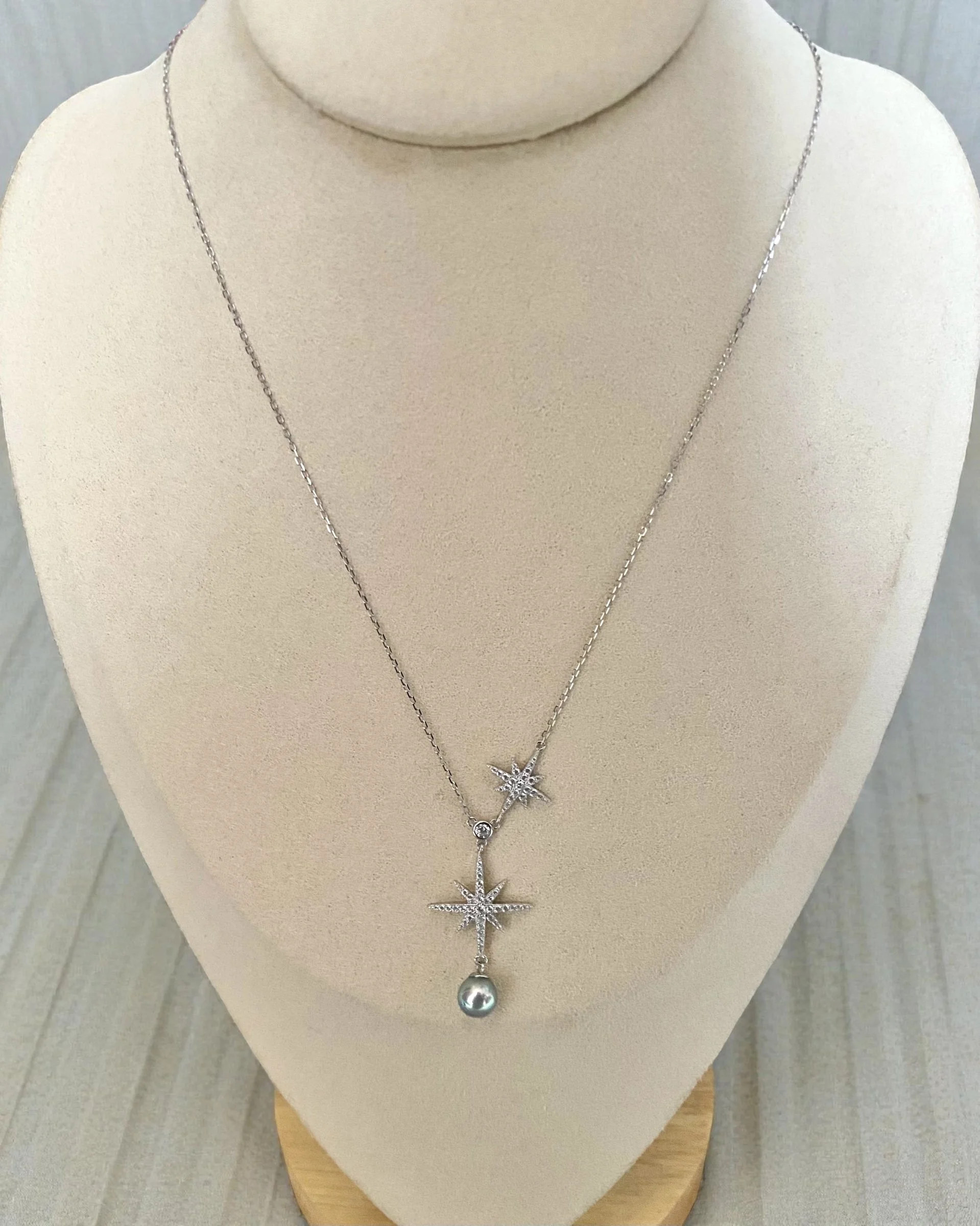 Japanese Silver-Peacock Green Madama Akoya Pearl Pendant Necklace 7mm, 7A Aurora Lustre, Starburst Pavé CZ S925 Chain, Made In Japan Starlit Pearls