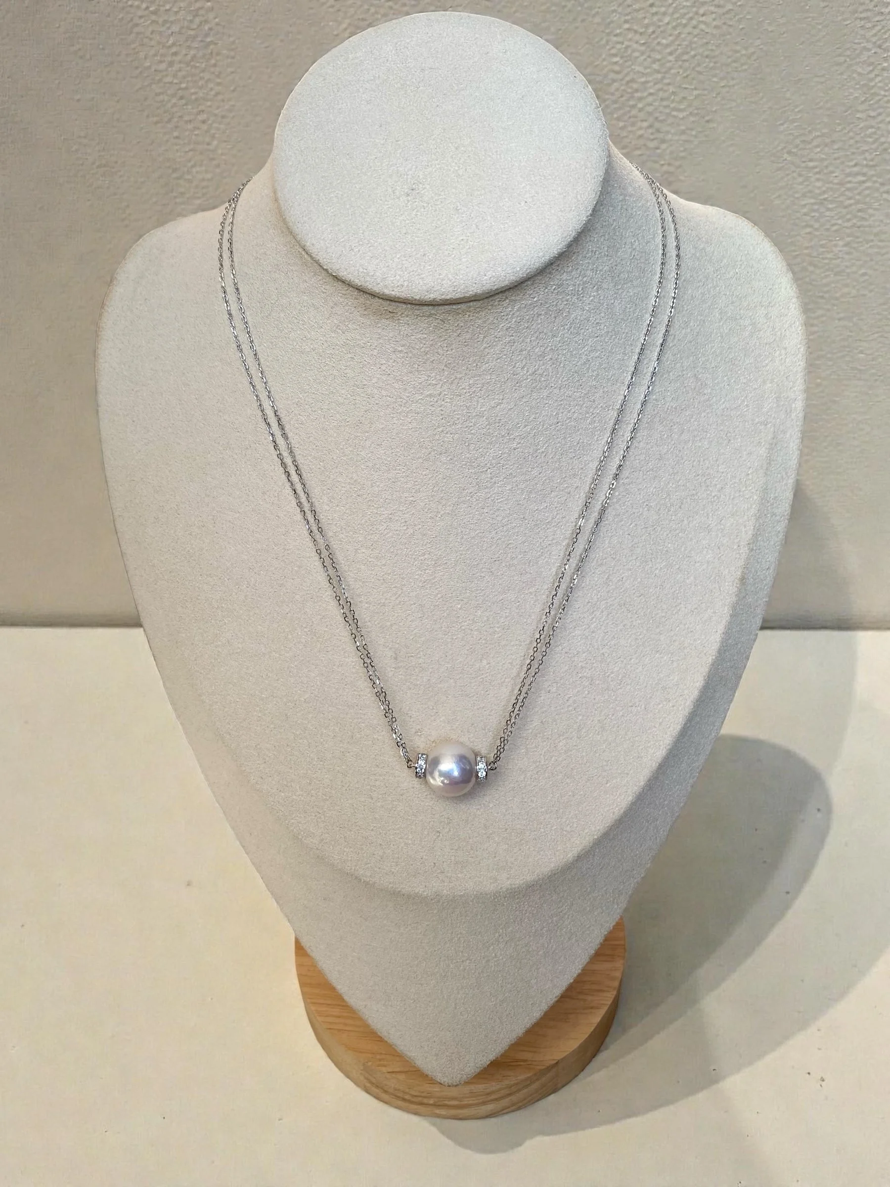 12.5–13mm Radiant White Freshwater Pearl Pendant Necklace, Soft Pink Overtone, Japanese Twin-Chain in S925 Silver, 19" Long, Wedding Starlit Pearls