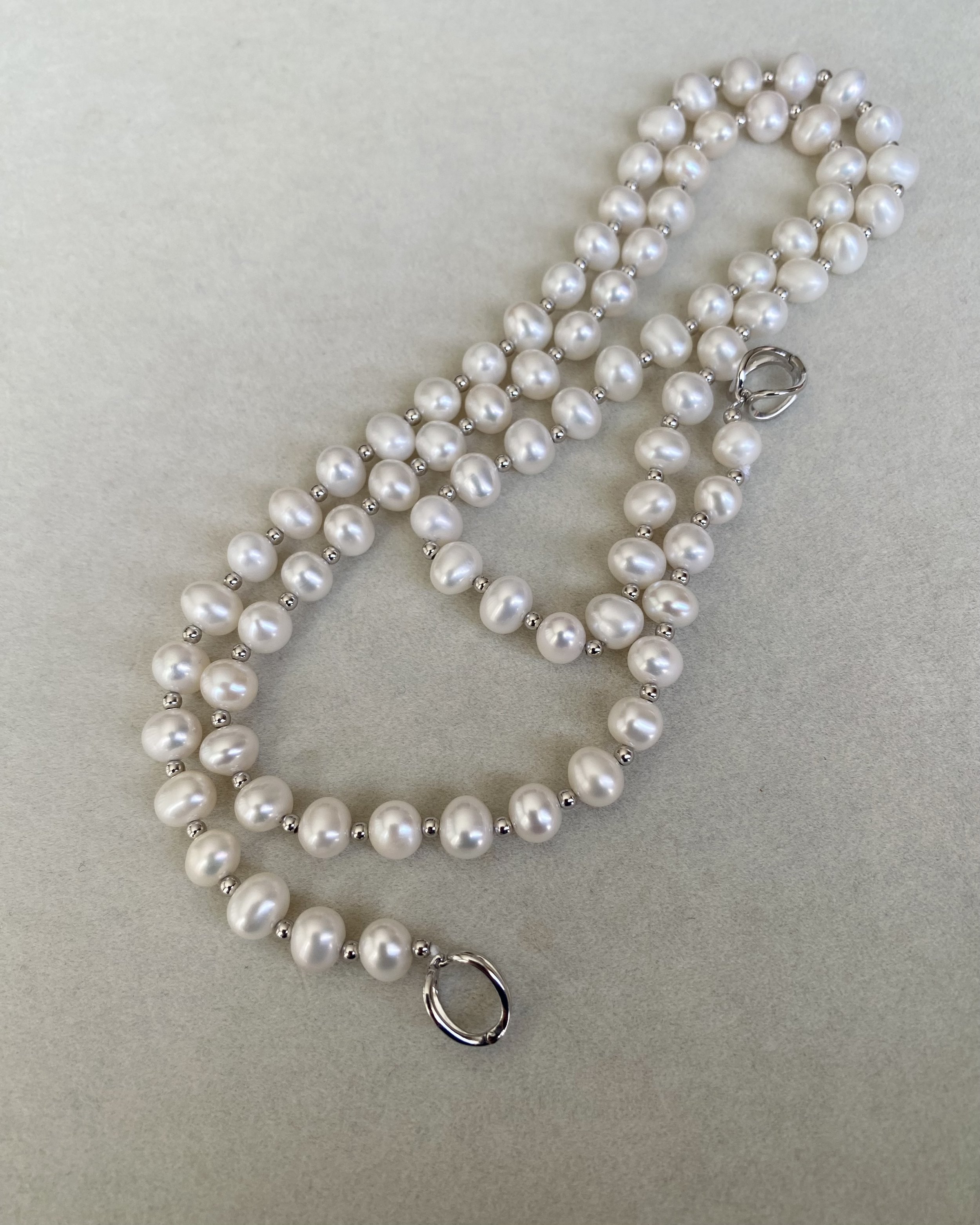 29" Long Classic White Nucleus-Free Freshwater Keshi Pearl Necklace 8mm, S925 Silver Spacers & Double-Opening Clasp, 4 Ways to Wear Starlit Pearls