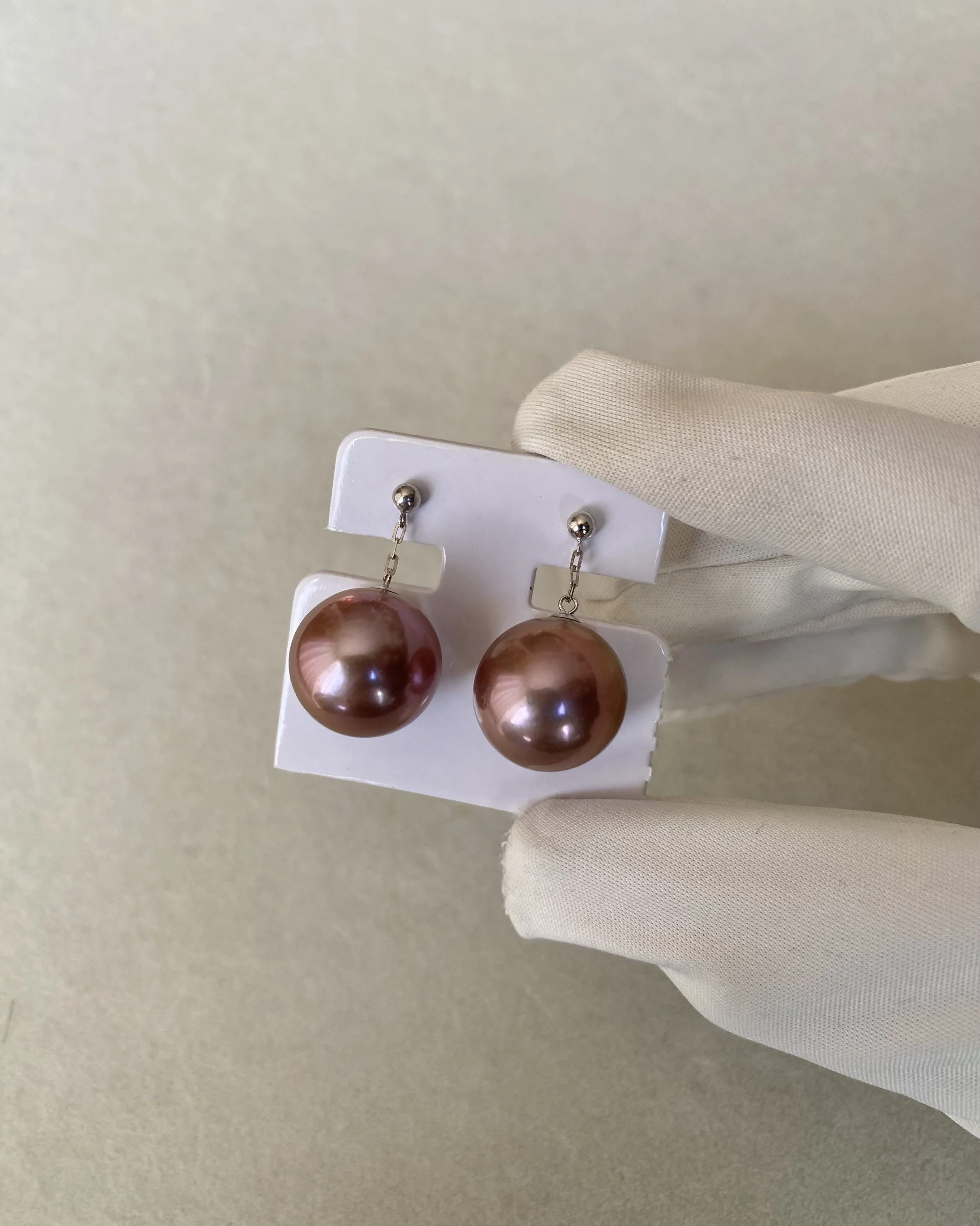 Giant 14.2mm Natural Plum-Pie Purple Freshwater Pearl Drop Earrings – Top-Tier 6A Quality, Mirror Lustre, Thick Solid 18K White Gold Starlit Pearls