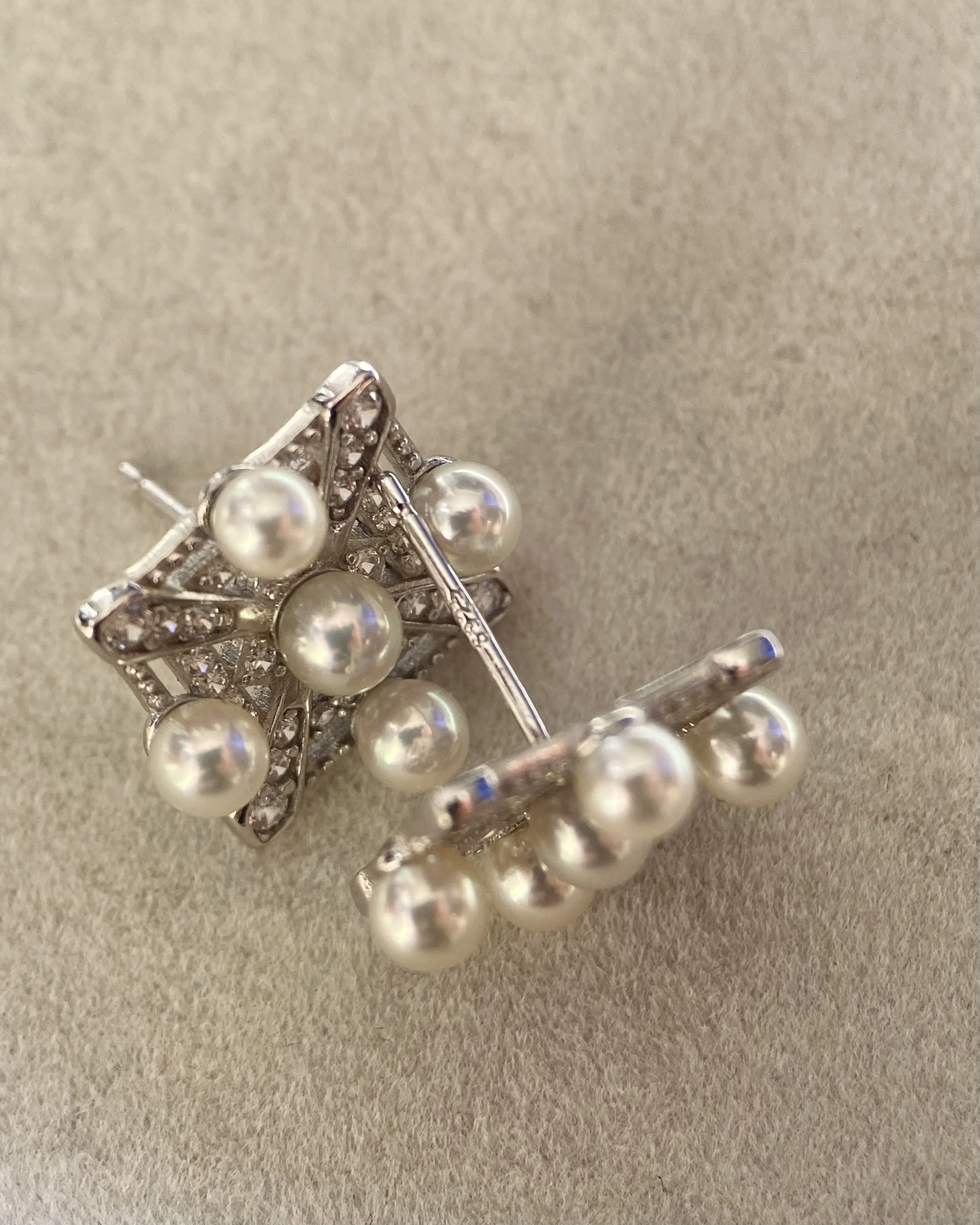 Top-Grade Japanese Mini Radiant White Sairindama Akoya Pearl Earrings, Mirror-Liked Lustre, 925 Silver, Japanese-Made Retro Starburst Design Starlit Pearls