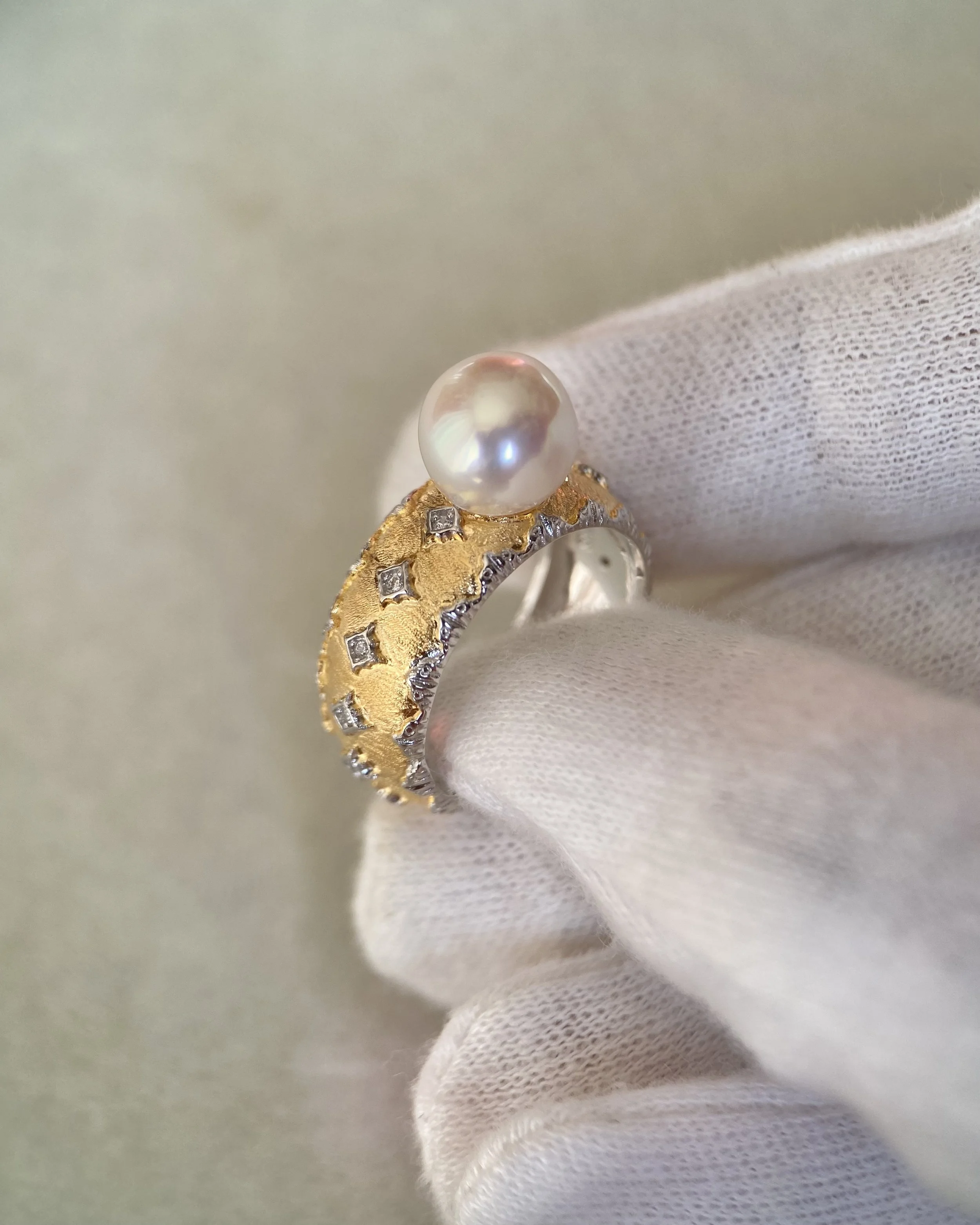 Rare Japanese White-Clear Akoya Pearl Ring 8.5mm, Soft Pink Overtone, Elegant Two-Tone Engraved S925 Silver Adjustable Wide Band Starlit Pearls