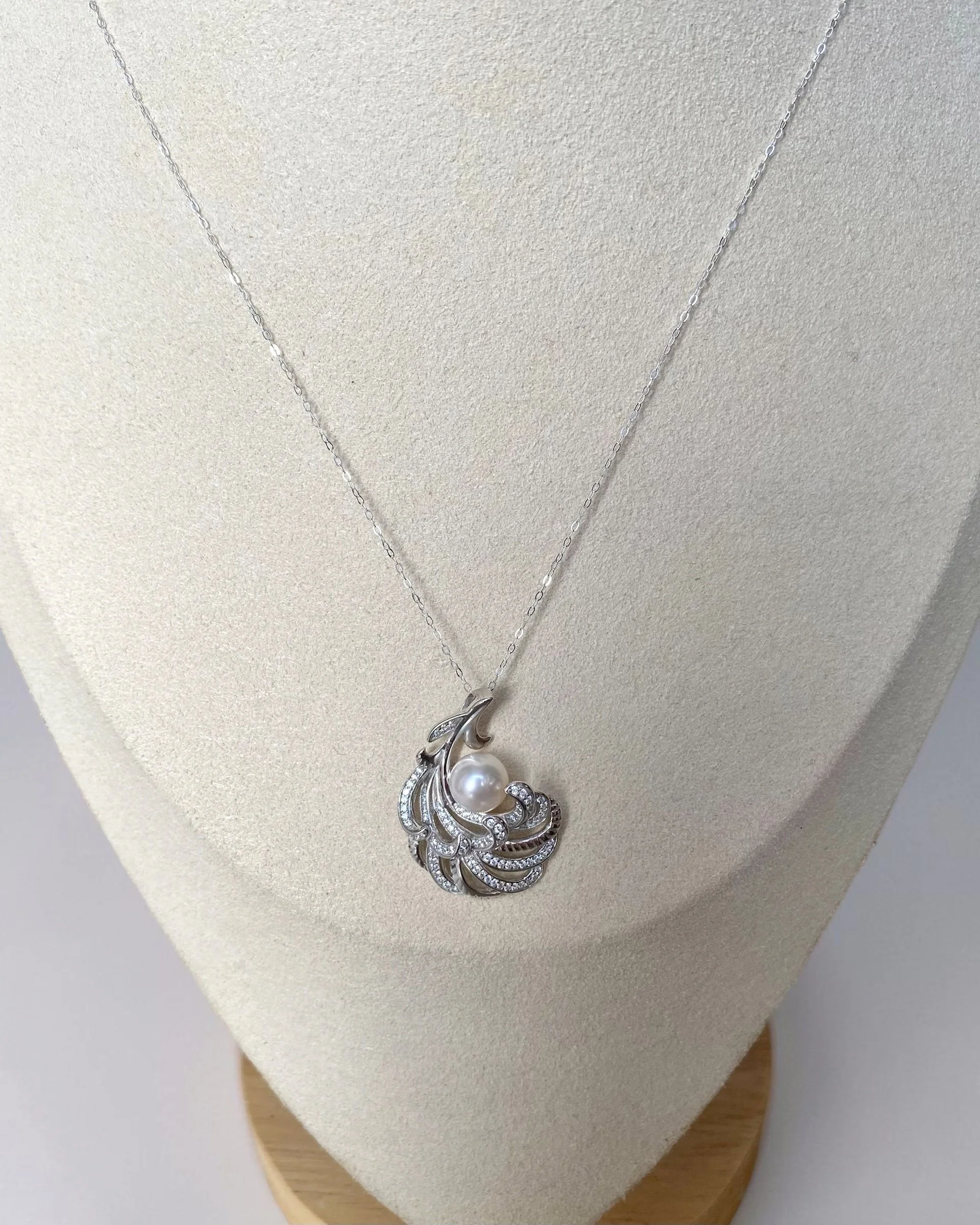 Top Quality Crystal White Japanese Akoya Pearl Pendant 8mm, Sculptural Layered Feather S925 Silver & CZ Design, Exhibition Piece Starlit Pearls