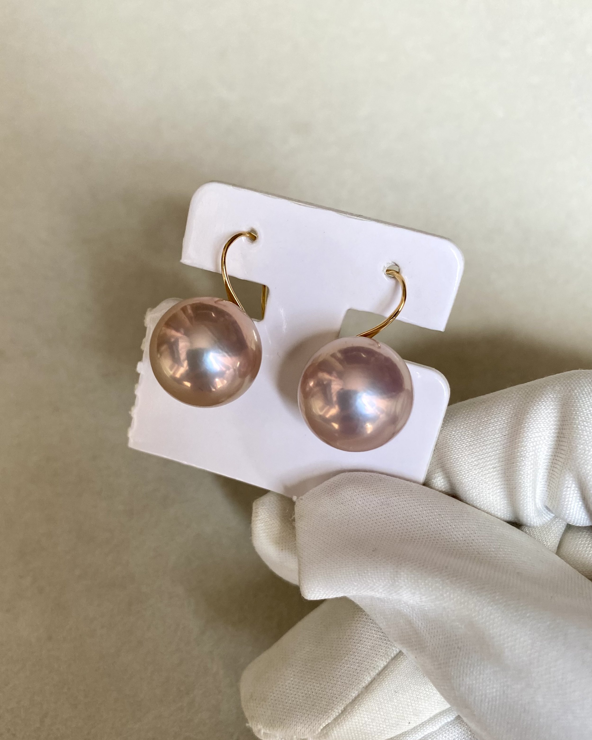 13.1mm Natural Rose-Lavender Freshwater Pearl Earrings, Candy Iridescence & Thick 18K Solid Gold Hooks Starlit Pearls