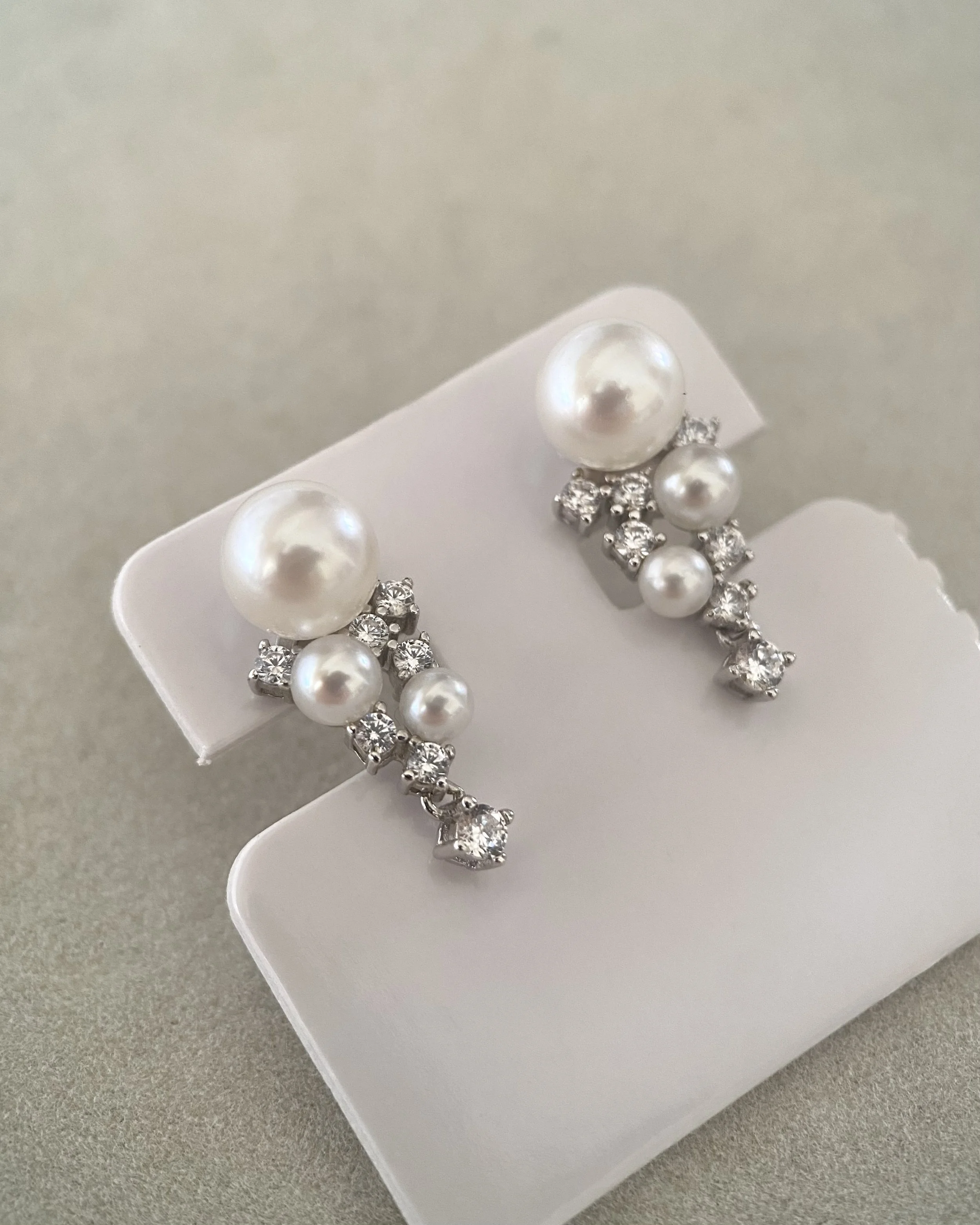 6A Japanese White Akoya Pearl Drop Earrings, Aurora 8.9mm Akoya & 5.5mm Sairindama, S925 Silver CZ Cascade Design, Exhibition Piece Starlit Pearls