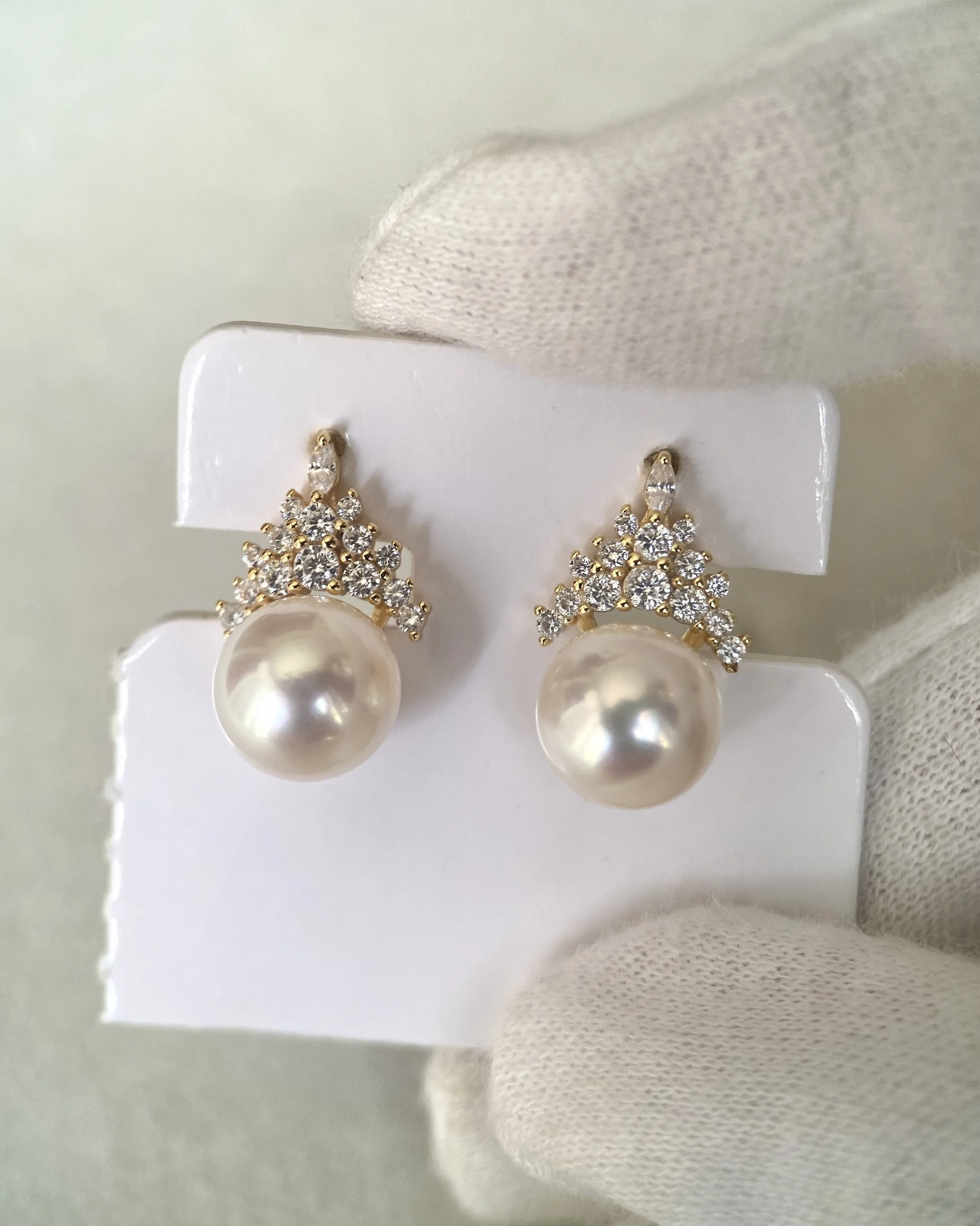 Top Quality Giant 9.2mm Japanese White Koshimono Akoya Pearl Earrings, Crown S925 Pavé Design, Exceptional High-Intensity Lustre Starlit Pearls