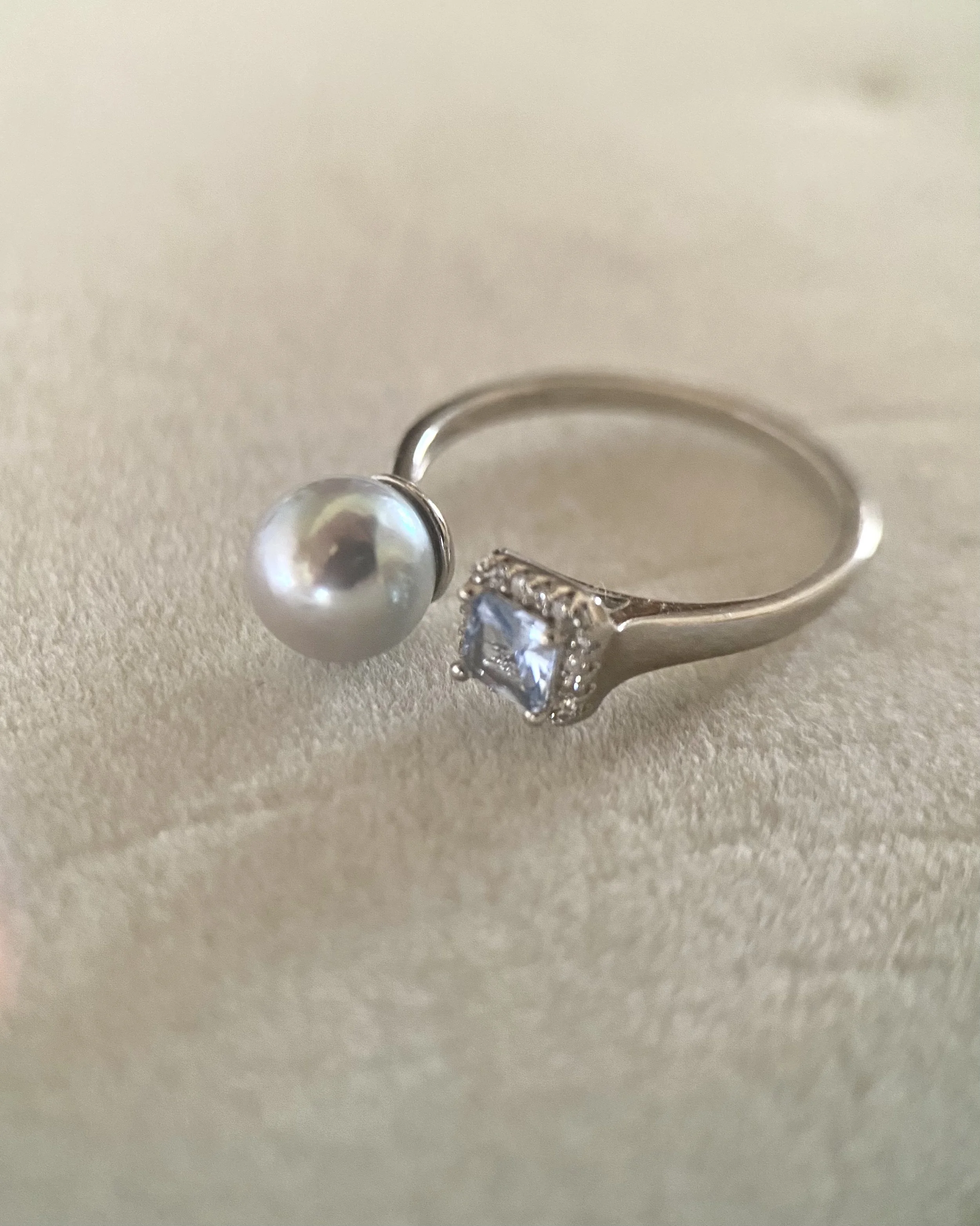 Premium Japanese Silver-Grey Blue Madama Akoya Pearl Open Ring 7.5mm, Ice-Blue Princess-Cut CZ, Adjustable S925, Exhibition Piece