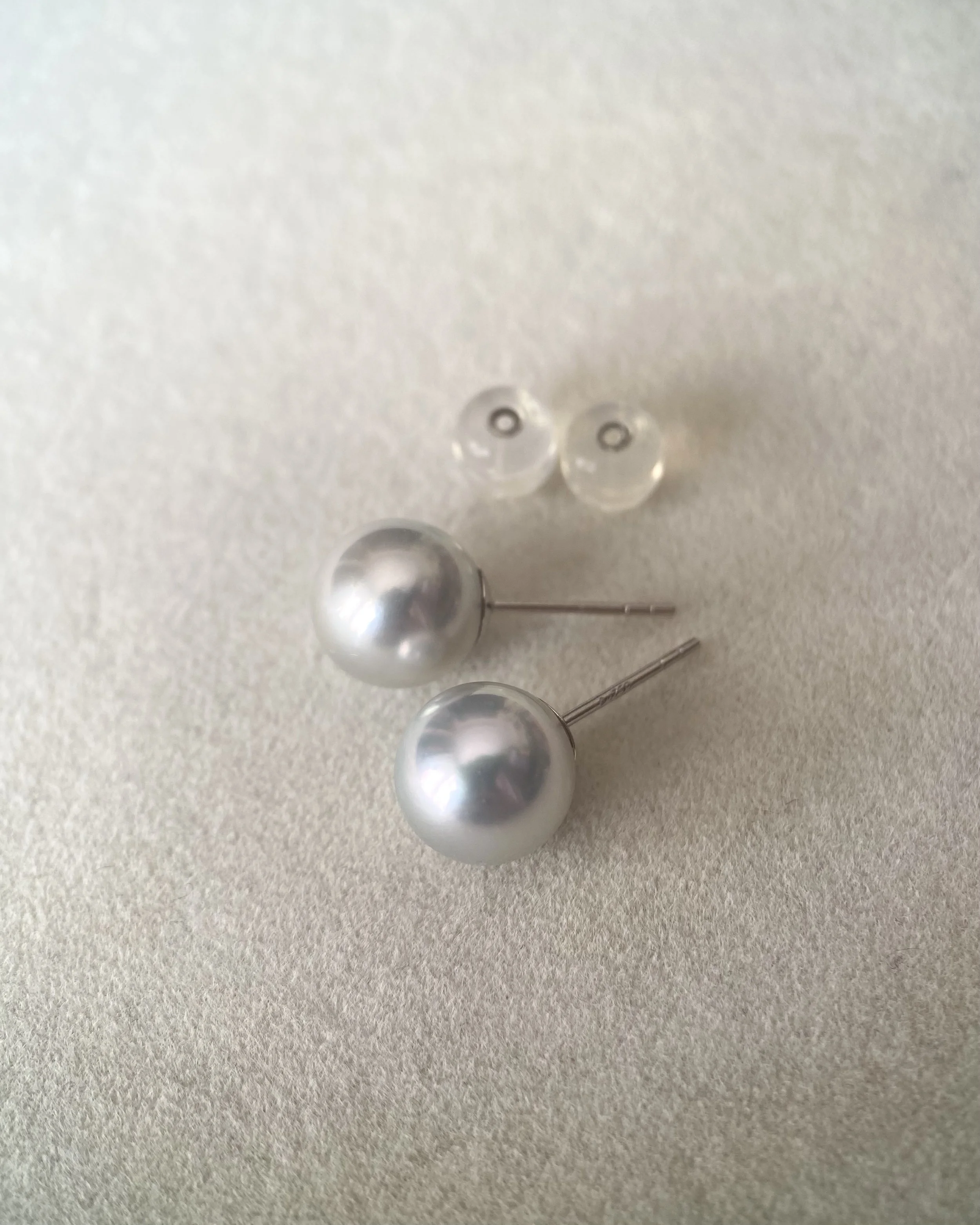 Collector Gr_Giant 9mm Natural Silver Grey Japanese Madama Akoya Pearl Stud Earrings, Solid 18K White Gold, Mirror Metallic Lustre Starlit Pearls