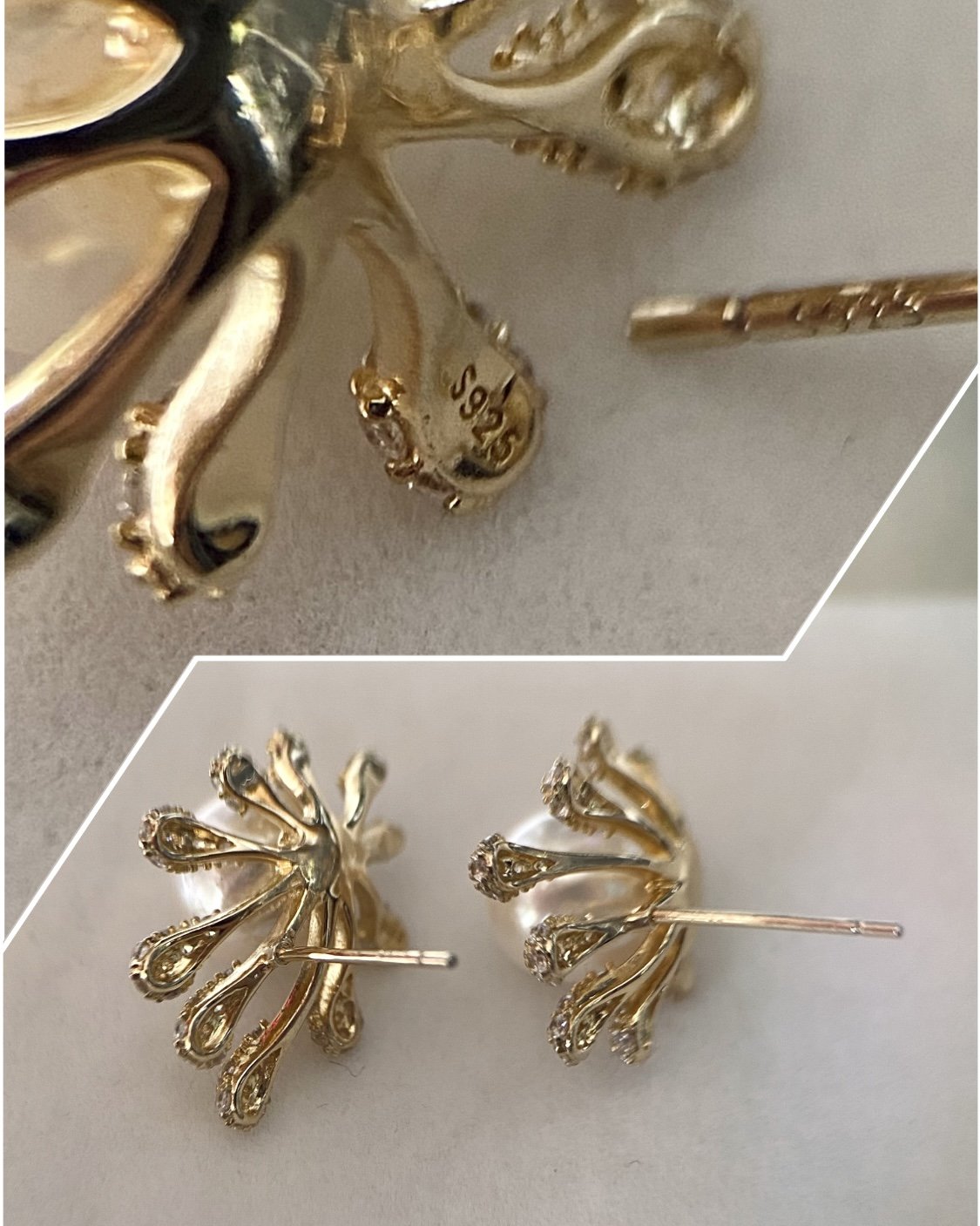 Rare 8.5-9mm Japanese White Koshimono Akoya Pearl Earrings, Radiant Lustre_Pink Overtones, Original Japanese S925 Fireworks Design Fittings Starlit Pearls