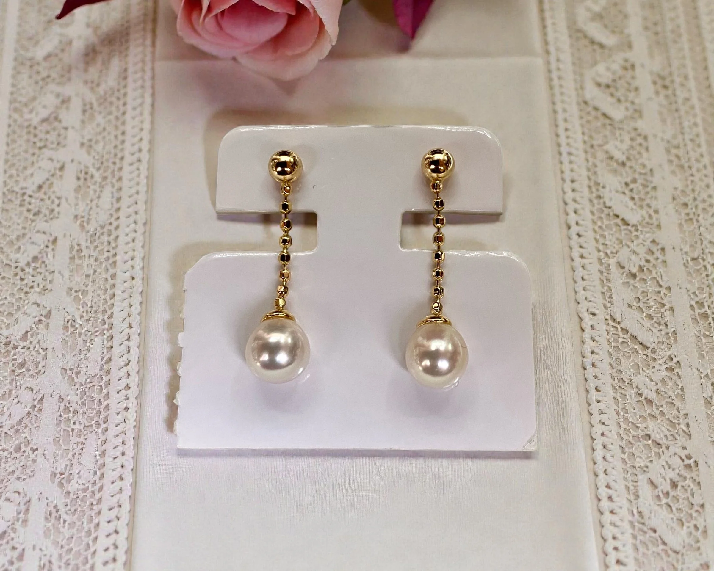 Premium Sakura-Pink Japanese Koshimono Akoya Pearl Drop Earrings, Aurora Lustre, S925 Sculptural Bead-Link Chain Design, Jewellery Showpiece Starlit Pearls