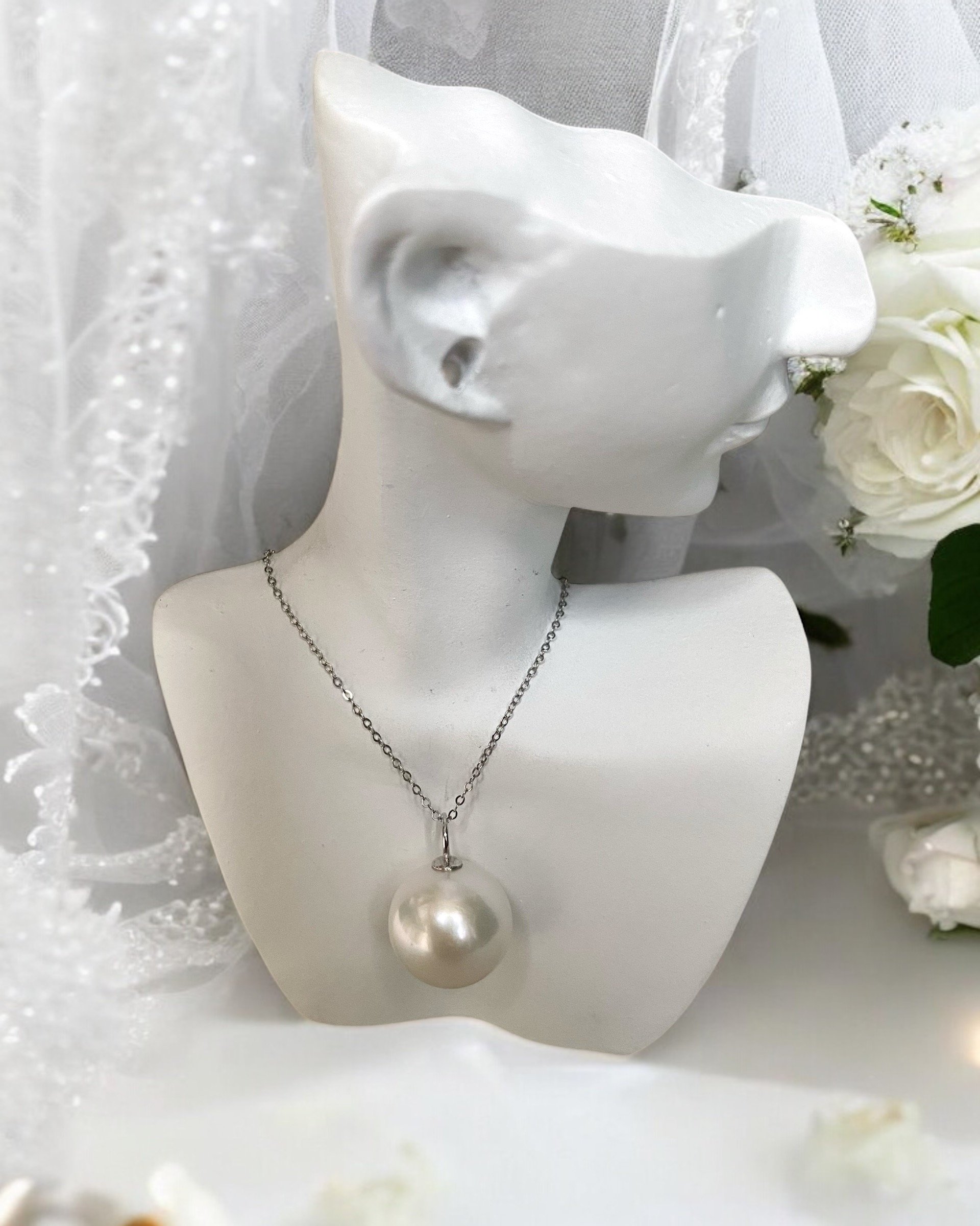 Genuine Large 13.5-14mm Cool White Freshwater Pearl Pendant, 18K Solid White Gold Loop Bail, Radiant Crystal-Clear Lustre, Timeless Elegance Starlit Pearls