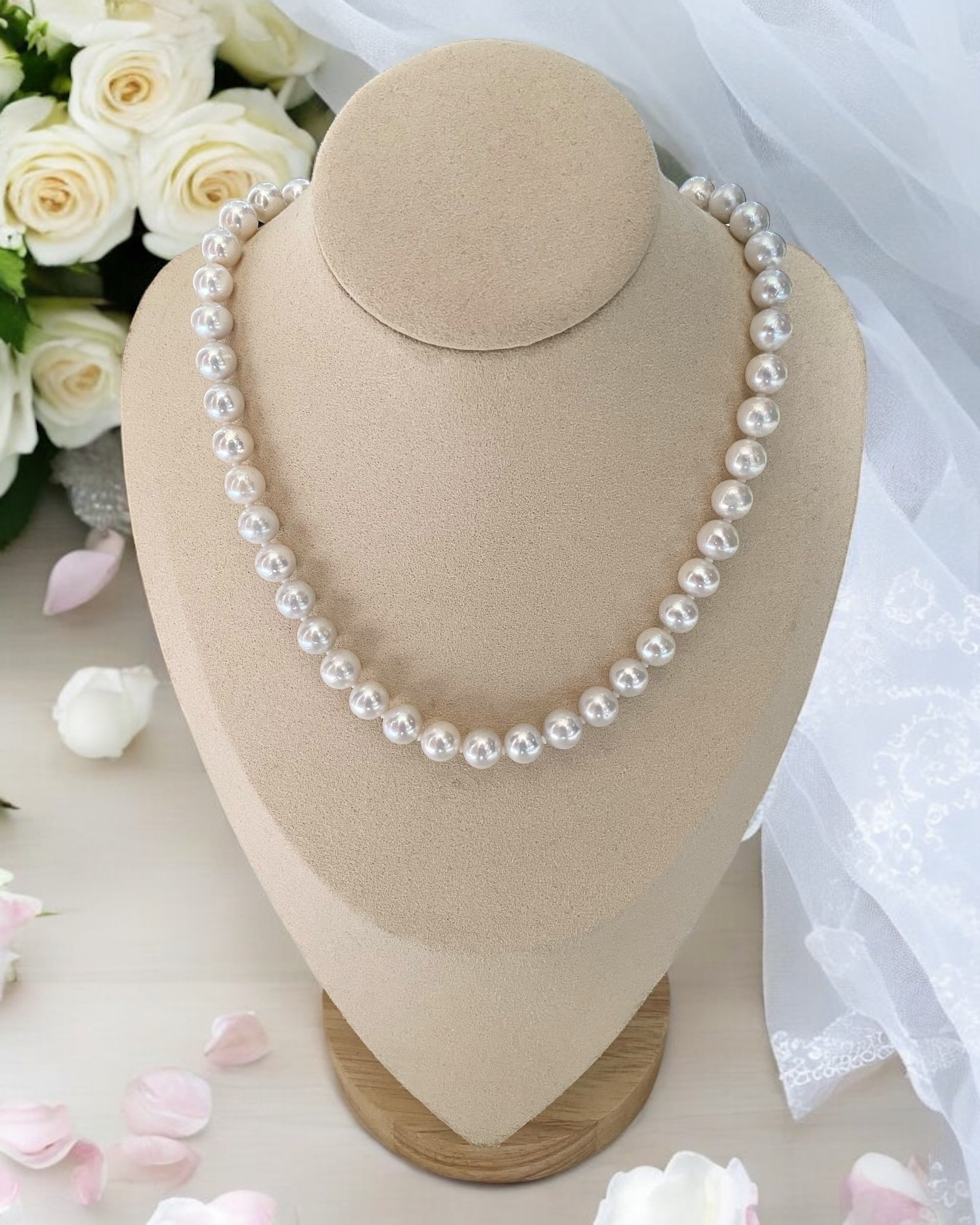 Premium 9-9.5mm Glacial White Freshwater Pearl Necklace, Striking Lustre, Pale Pink Overtones, Japanese Original S925 Multi-Function Clasp Starlit Pearls